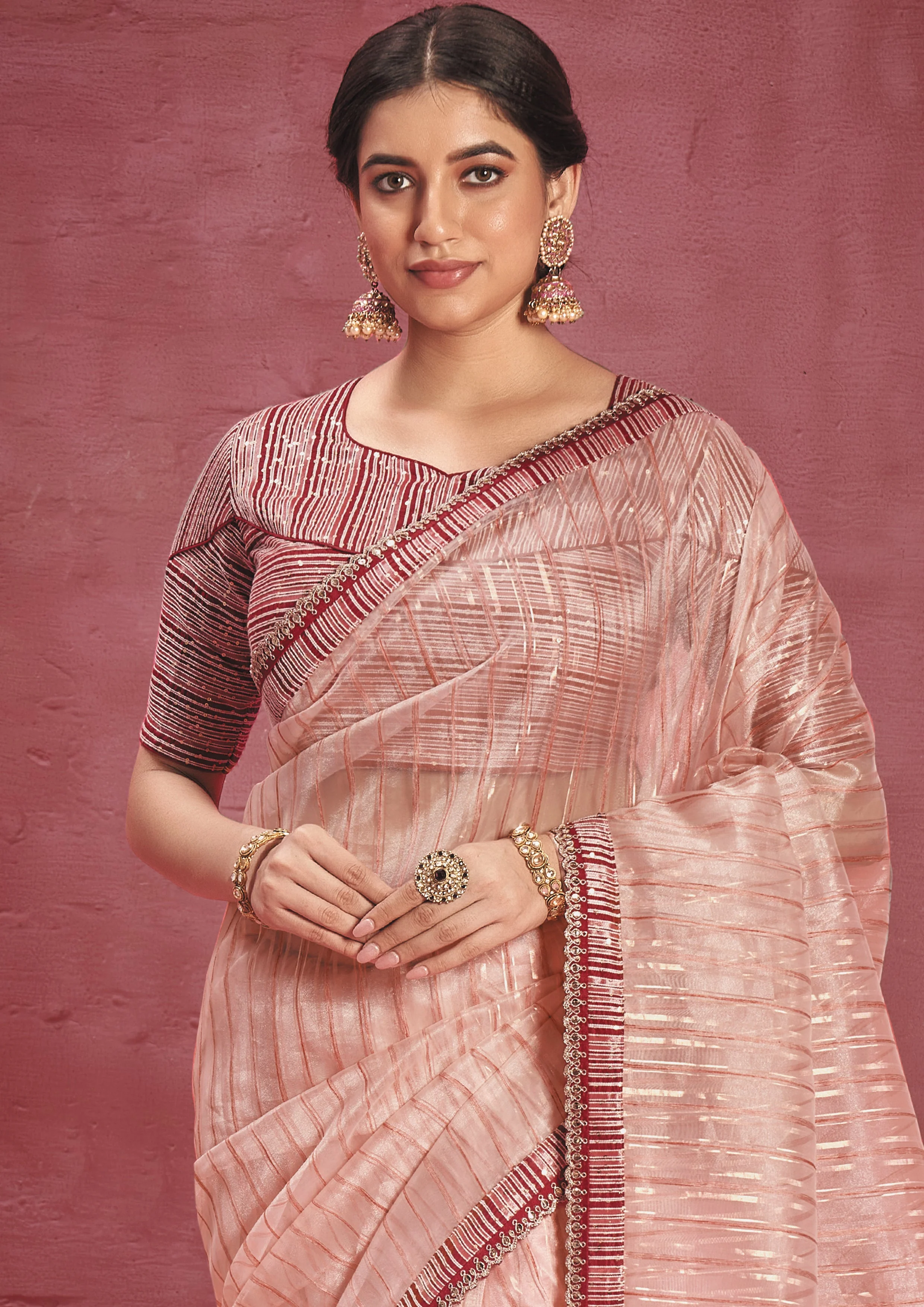 Peach Embellished Organza Silk Saree - Image 3