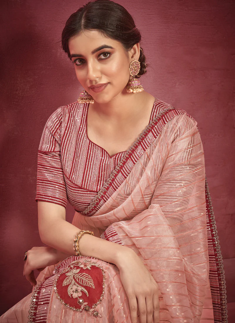 Peach Embellished Organza Silk Saree - Image 4