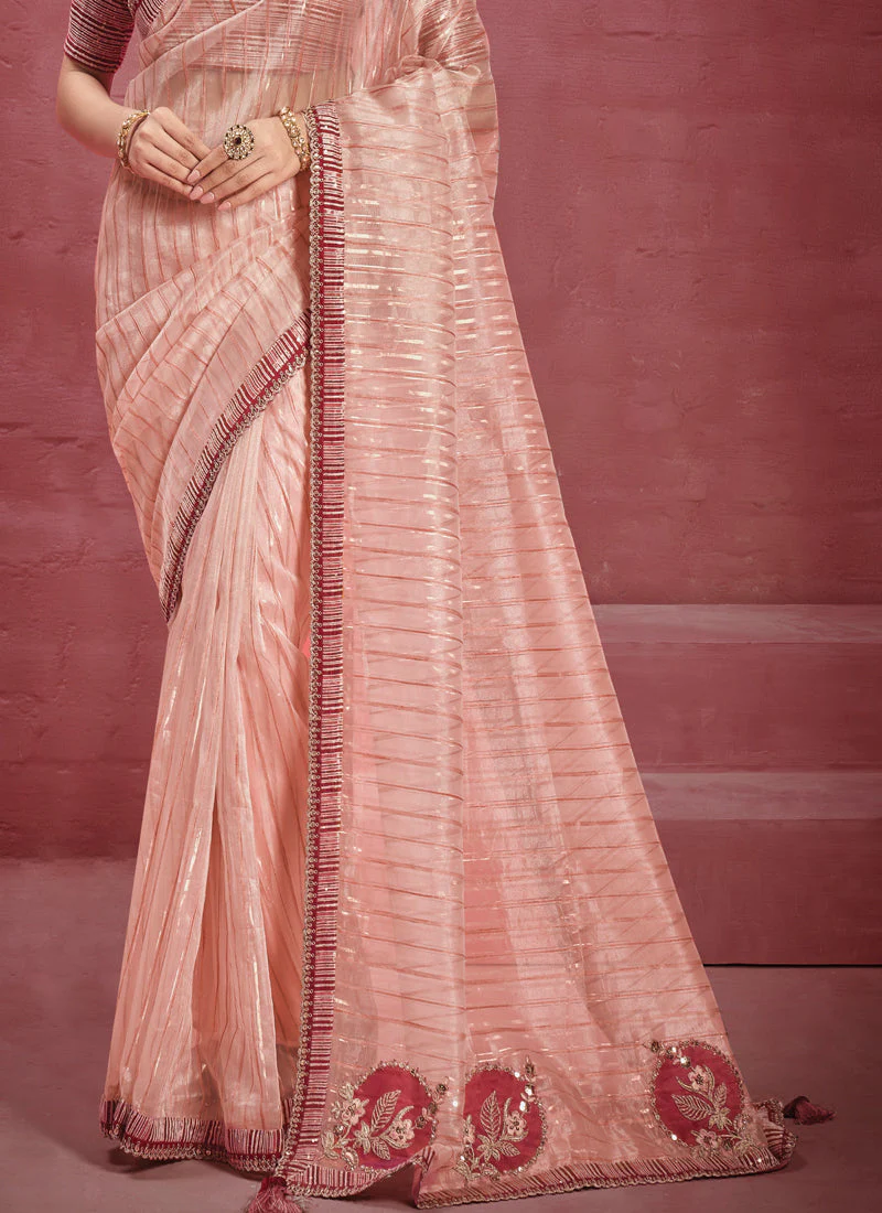 Peach Embellished Organza Silk Saree - Image 5