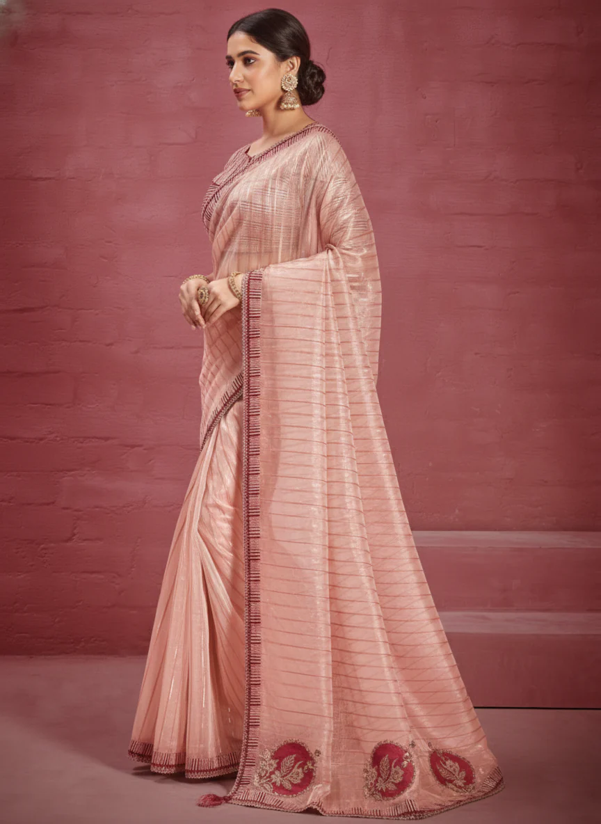 Peach Embellished Organza Silk Saree - Image 6