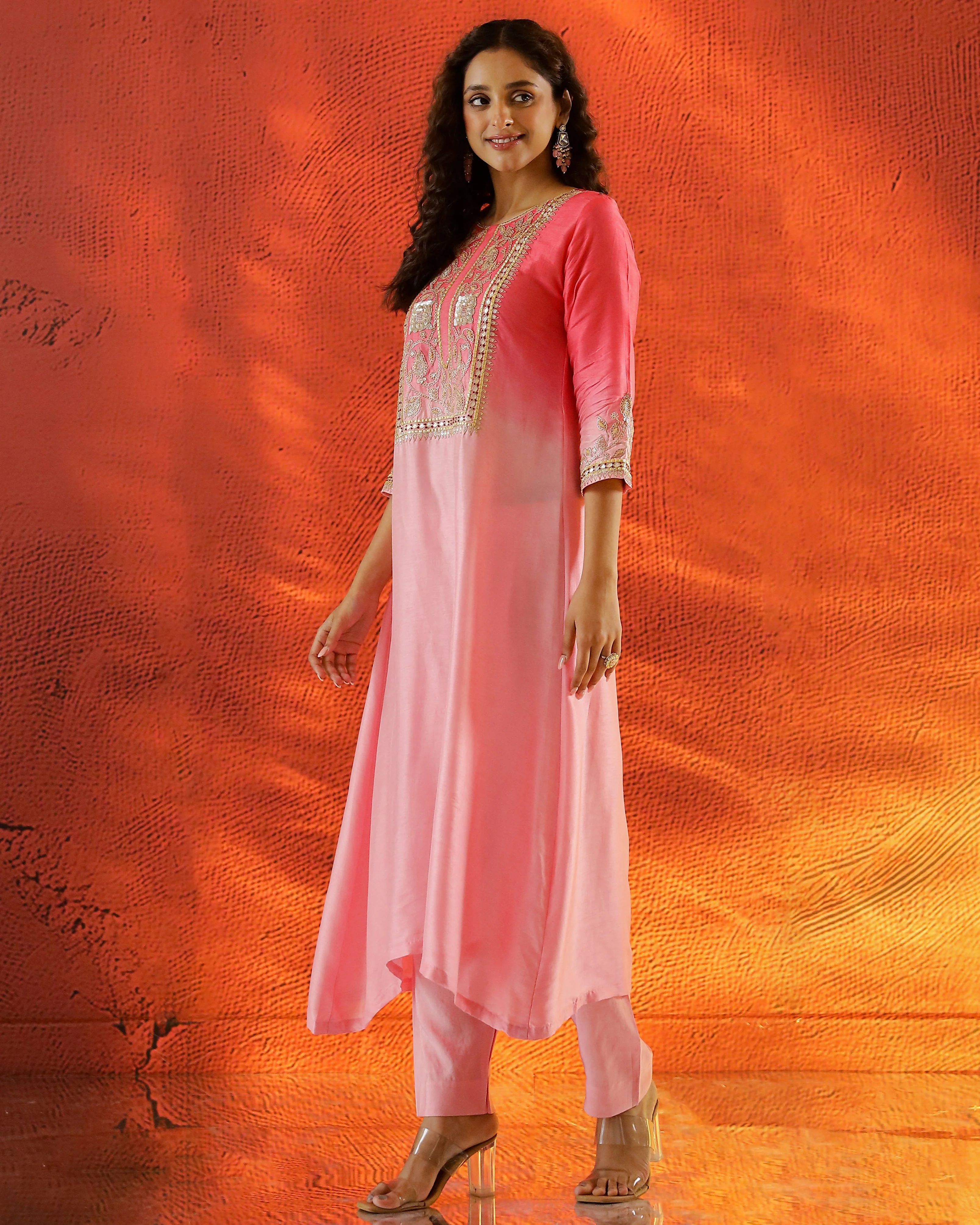Peach Embellished Raw Silk Kurta Set - Image 3
