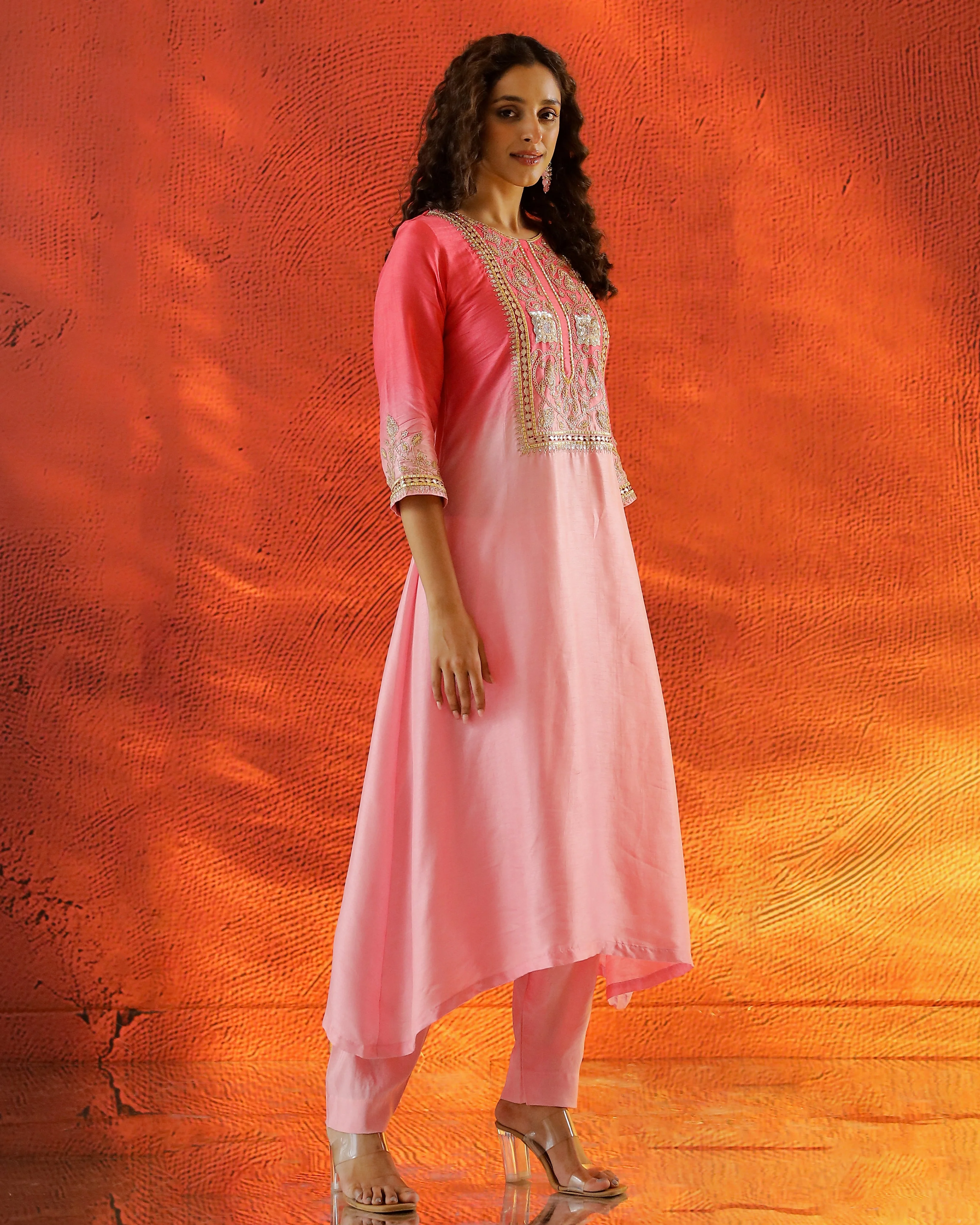Peach Embellished Raw Silk Kurta Set - Image 4