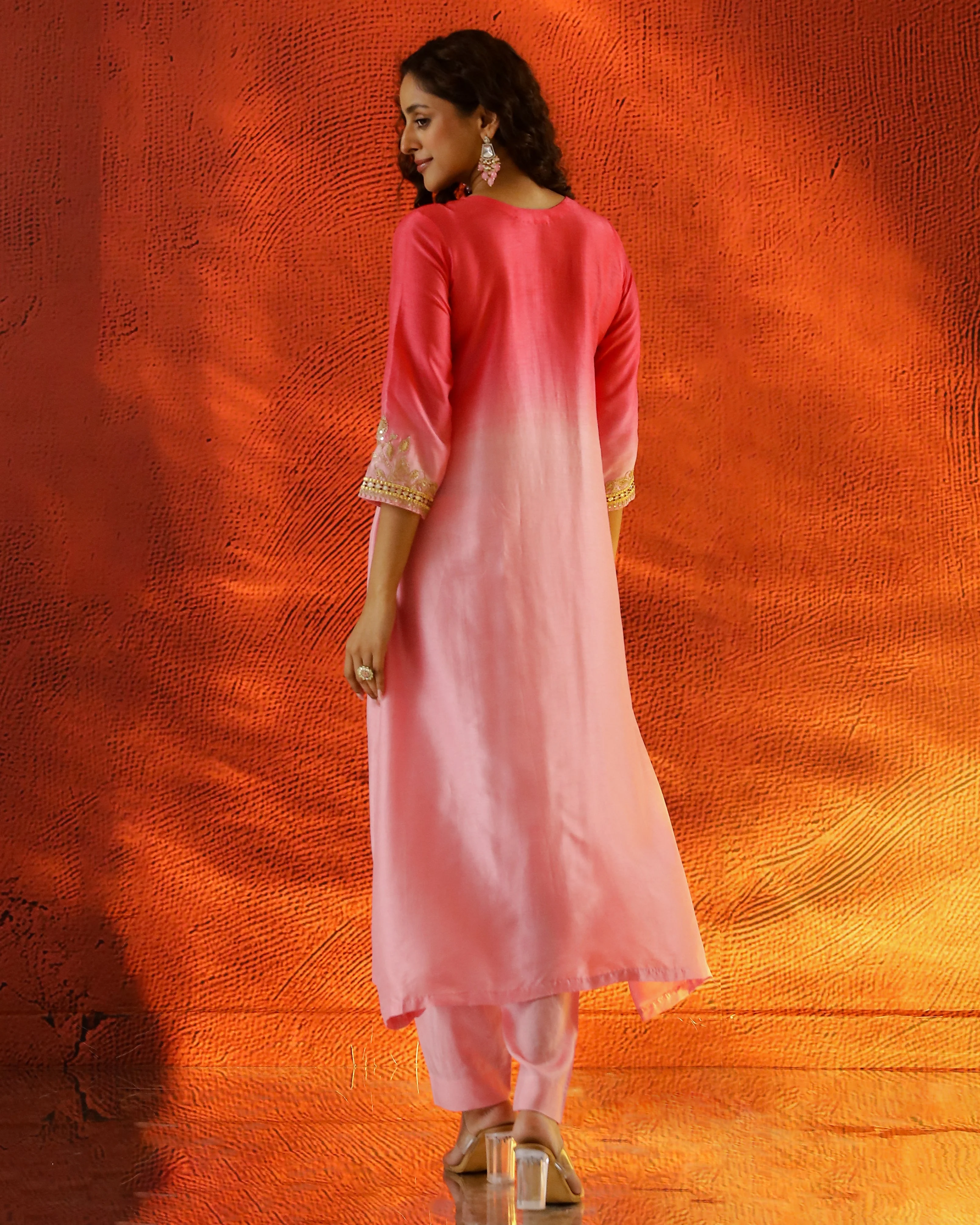 Peach Embellished Raw Silk Kurta Set - Image 5
