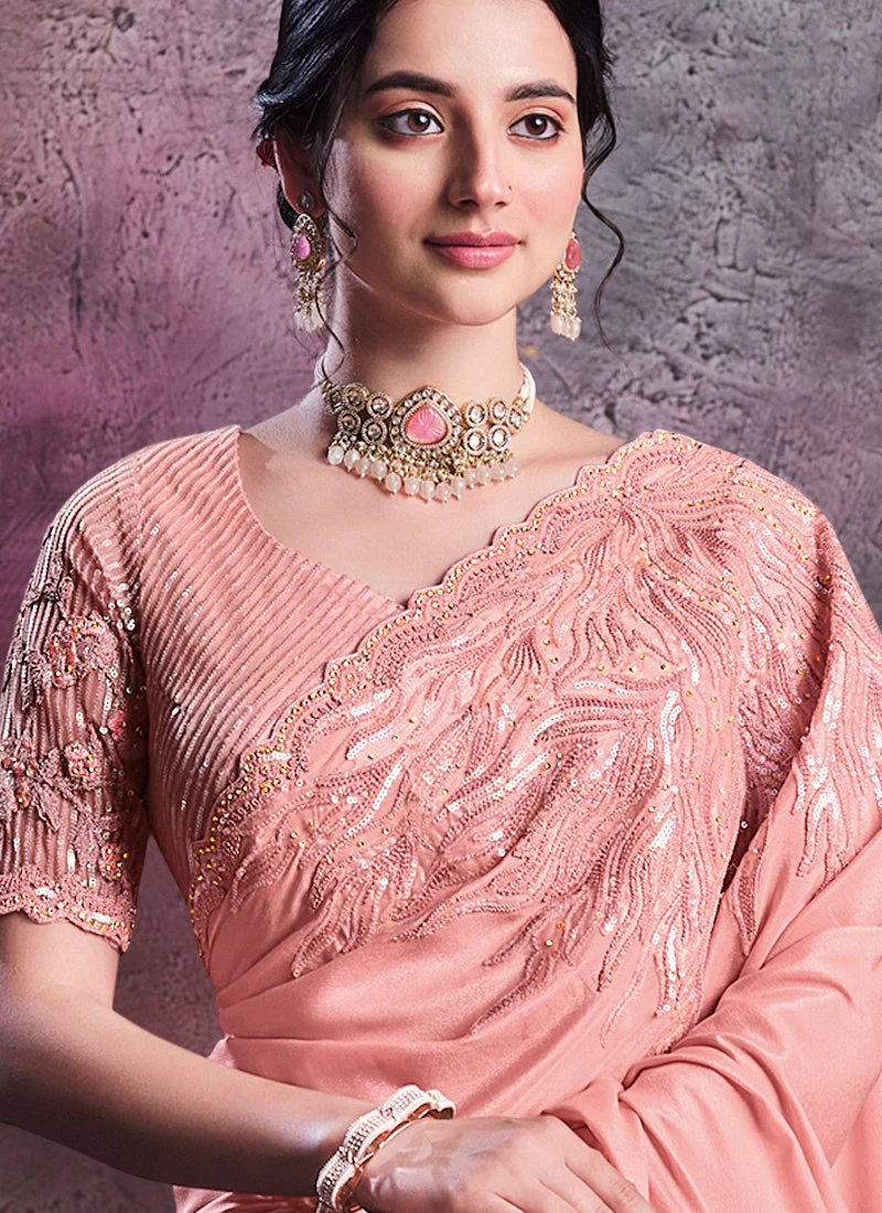 Peach Pink Embellished Shimmer Crepe Silk Saree - Image 3