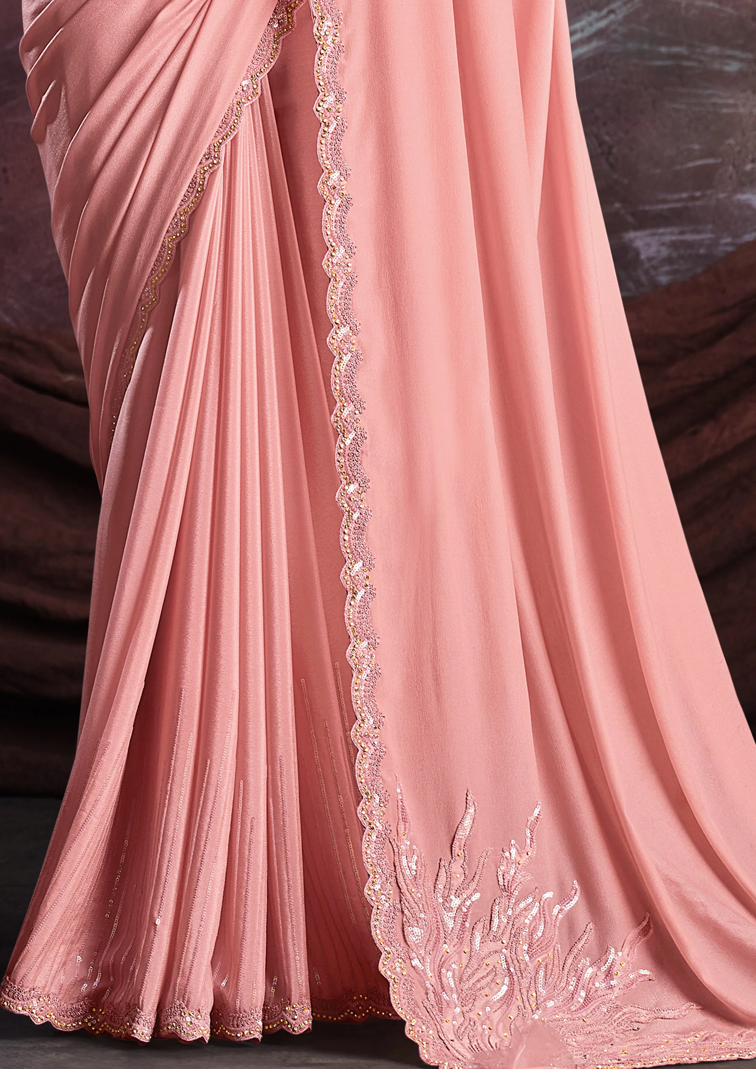 Peach Pink Embellished Shimmer Crepe Silk Saree - Image 4
