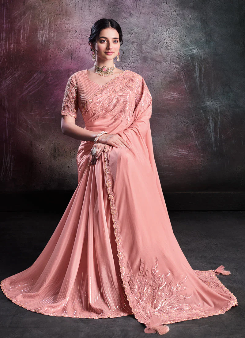 Peach Pink Embellished Shimmer Crepe Silk Saree - Image 5