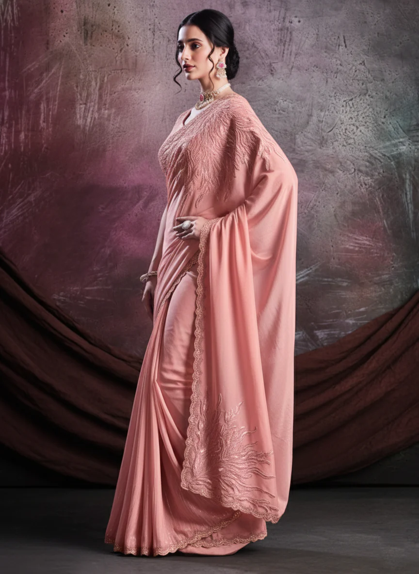 Peach Pink Embellished Shimmer Crepe Silk Saree - Image 6
