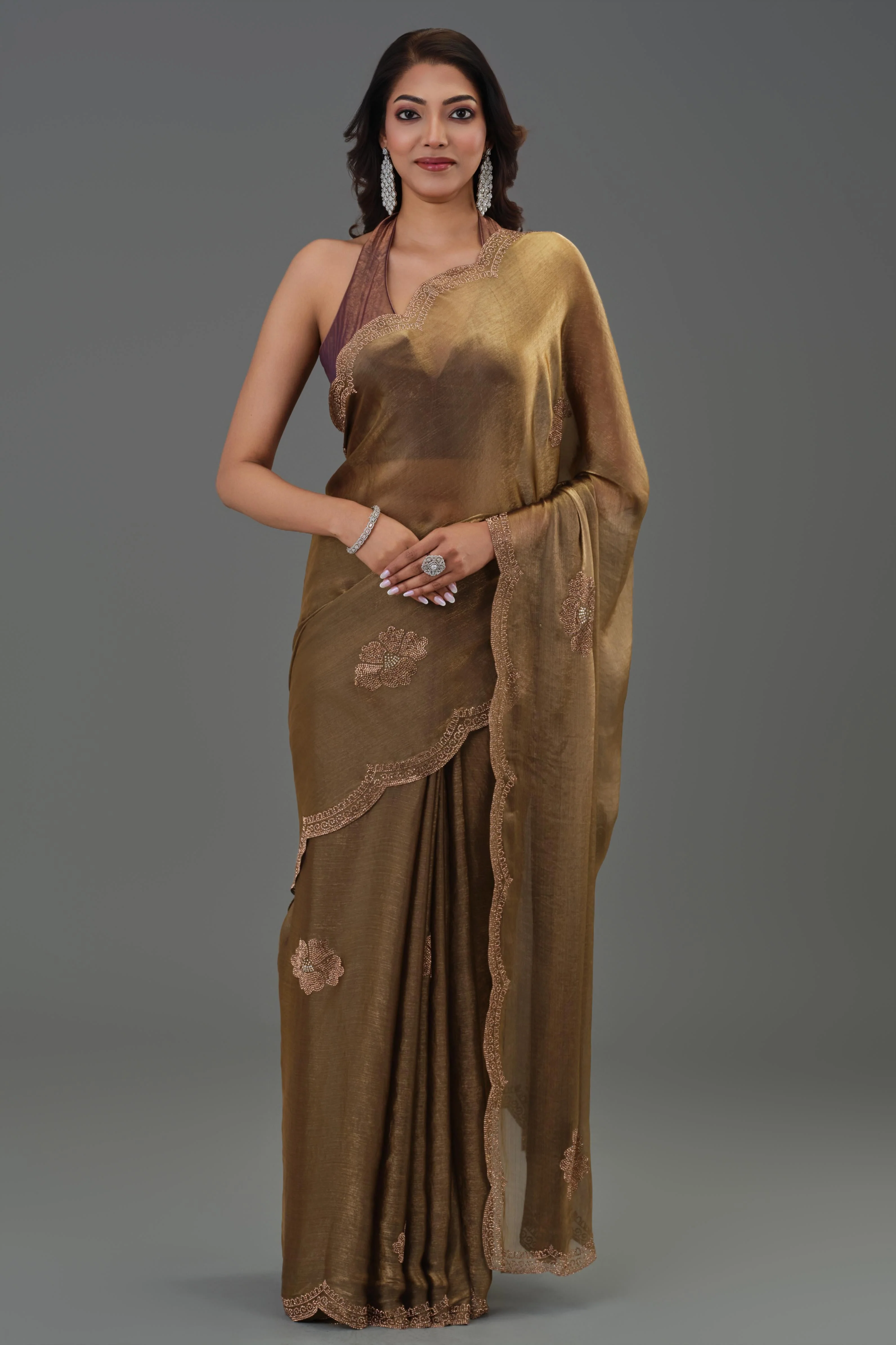Bronze Embellished Cosmo Tissue Silk Saree - Image 2