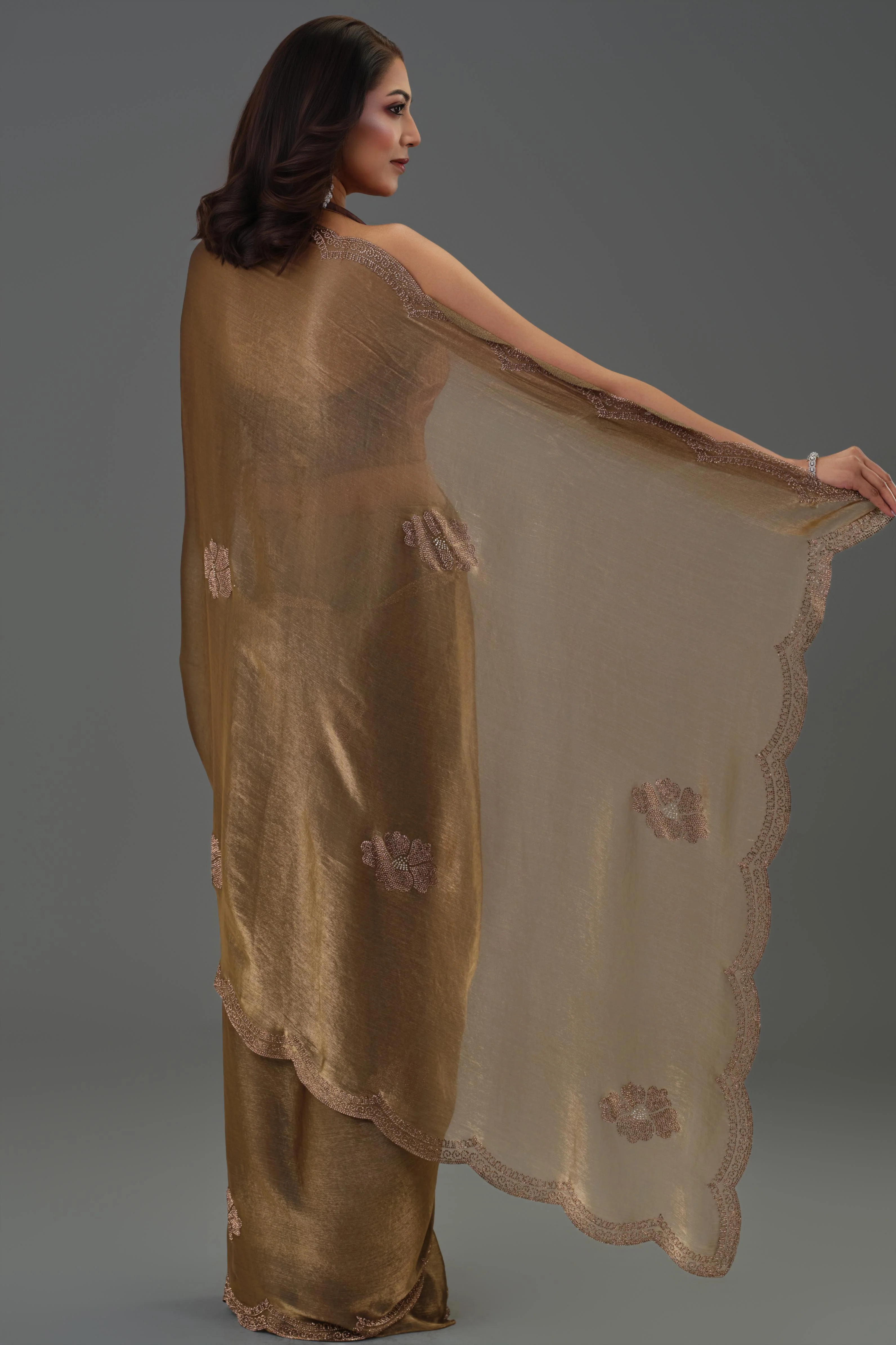 Bronze Embellished Cosmo Tissue Silk Saree - Image 3