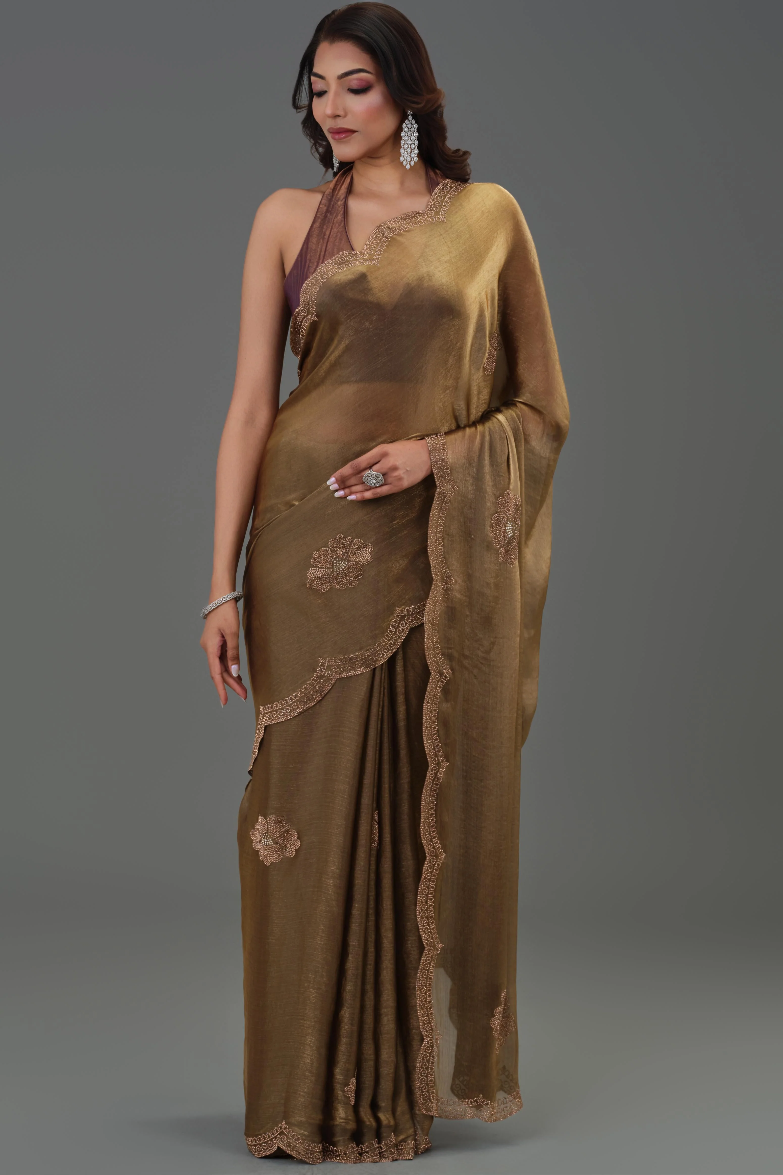 Bronze Embellished Cosmo Tissue Silk Saree - Image 4