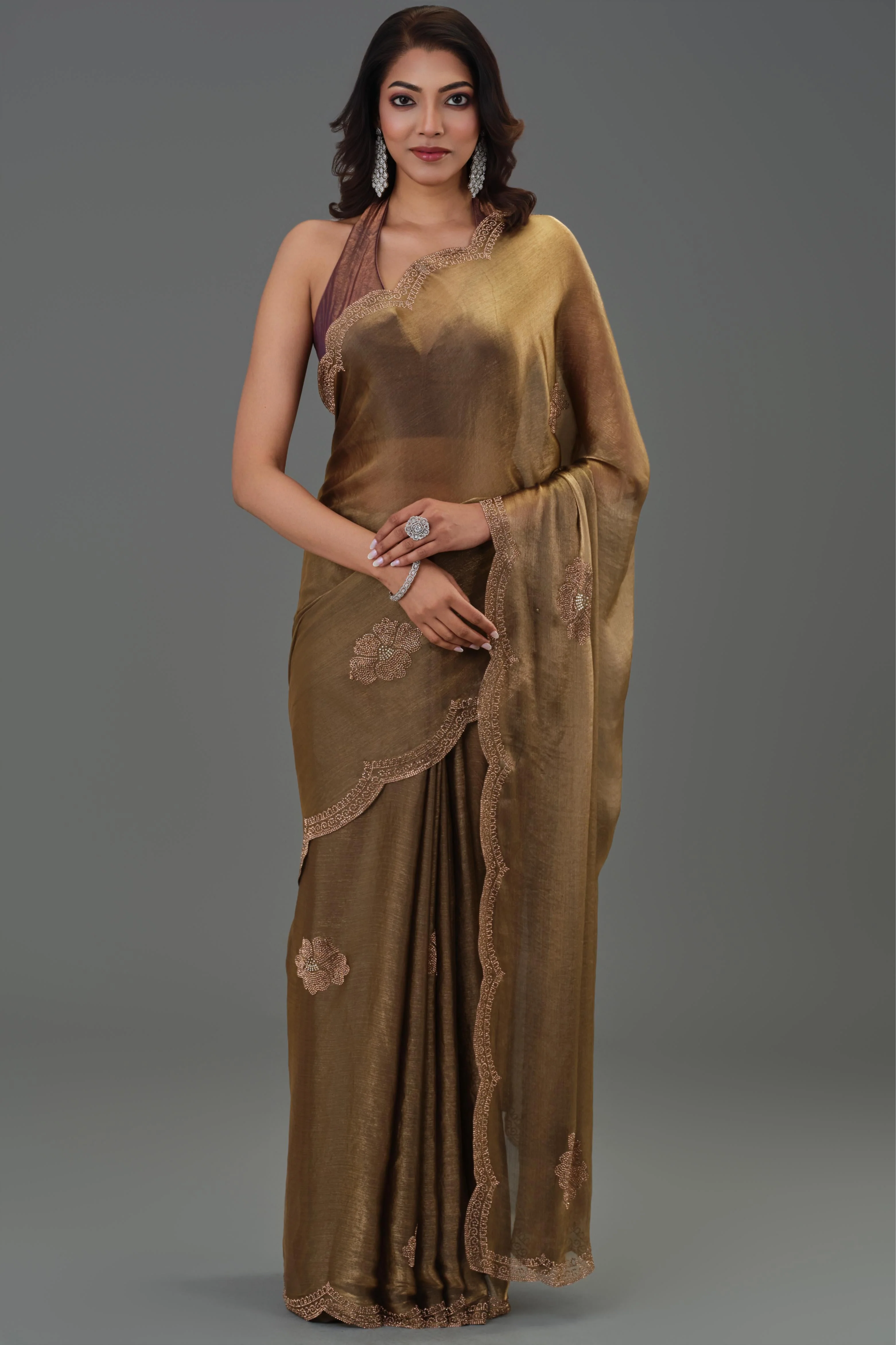 Bronze Embellished Cosmo Tissue Silk Saree - Image 6