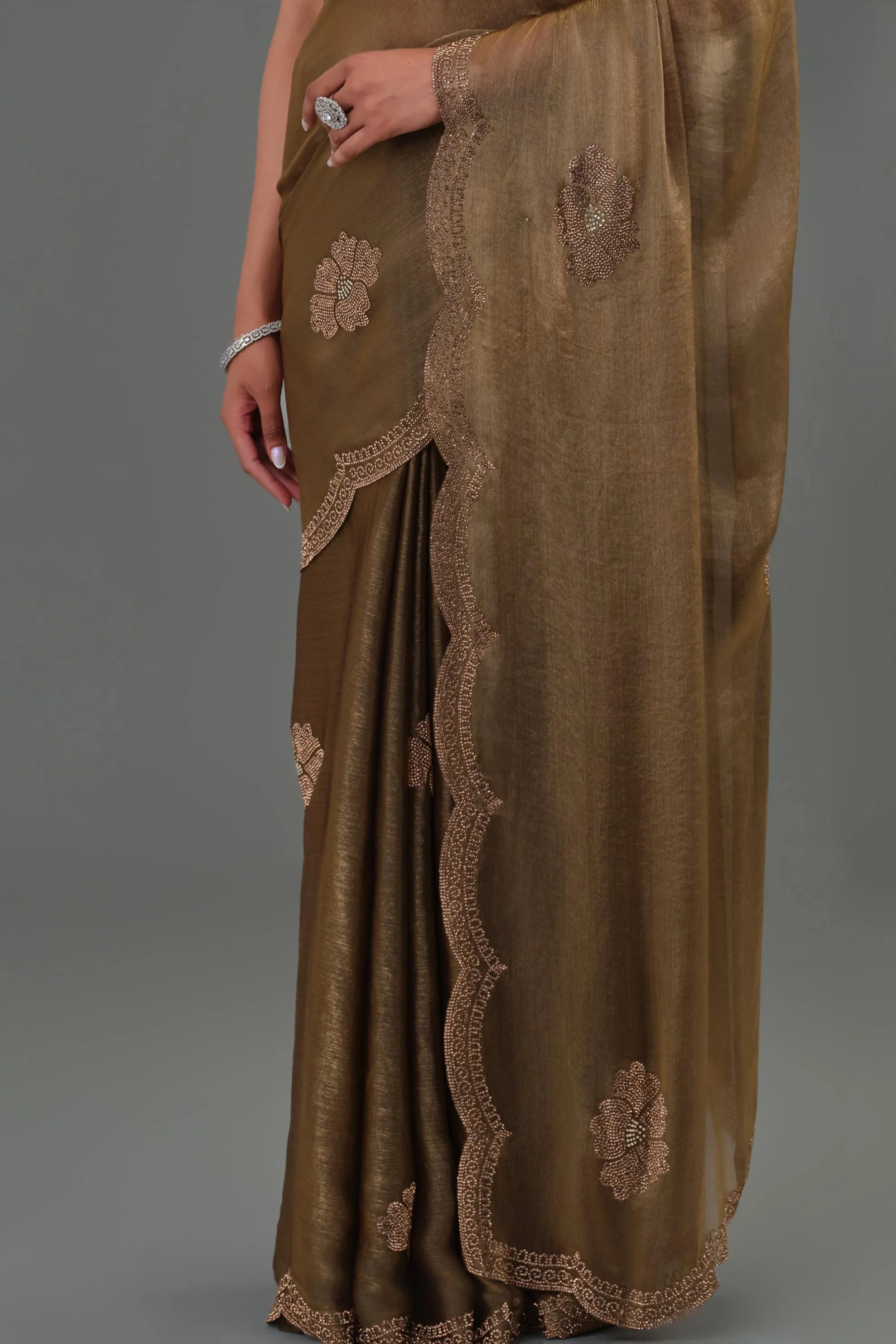 Bronze Embellished Cosmo Tissue Silk Saree - Image 7