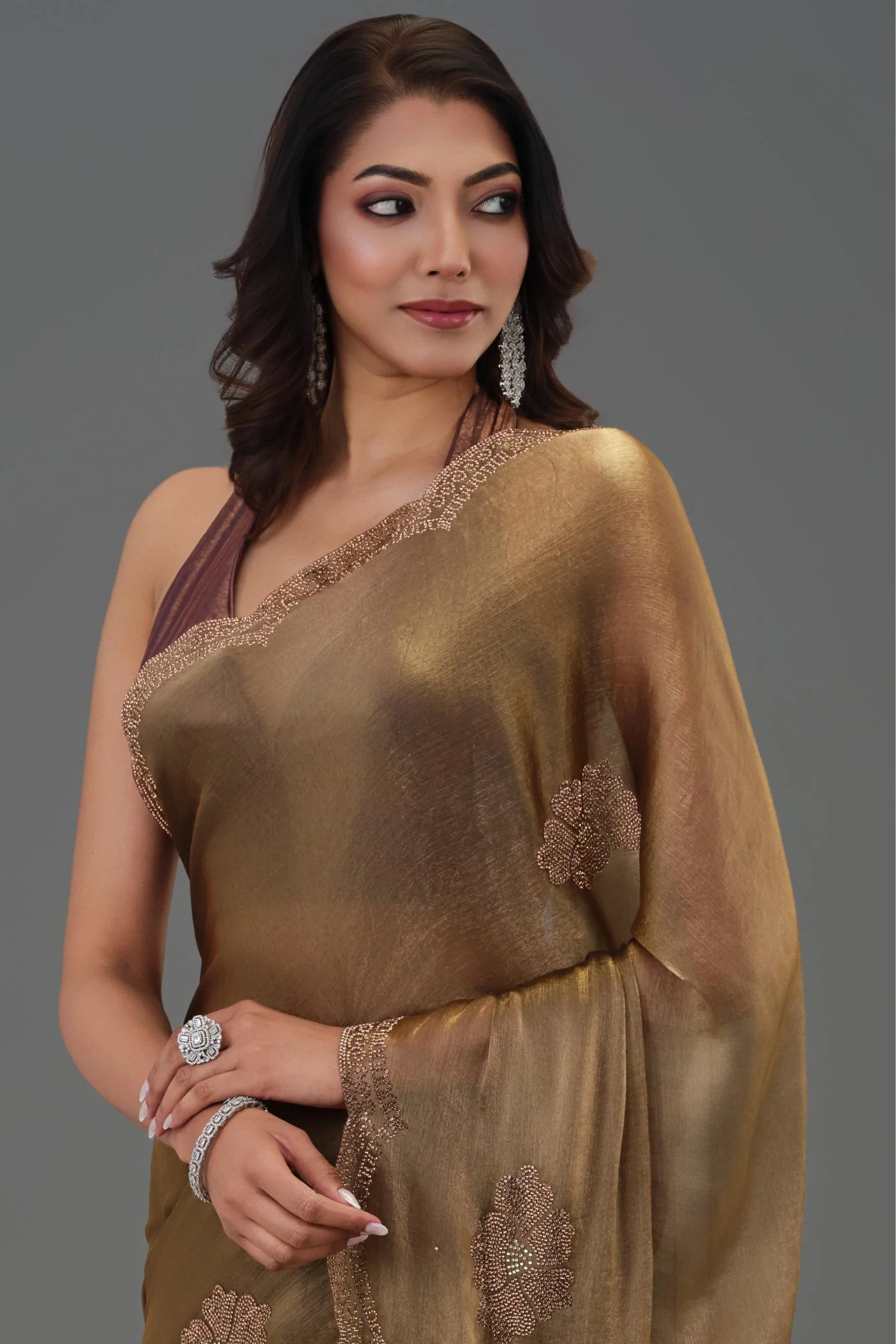 Bronze Embellished Cosmo Tissue Silk Saree - Image 8