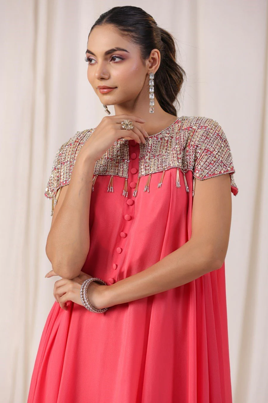 Peach Embellsihed Long Tunic with Palazzo - Image 2
