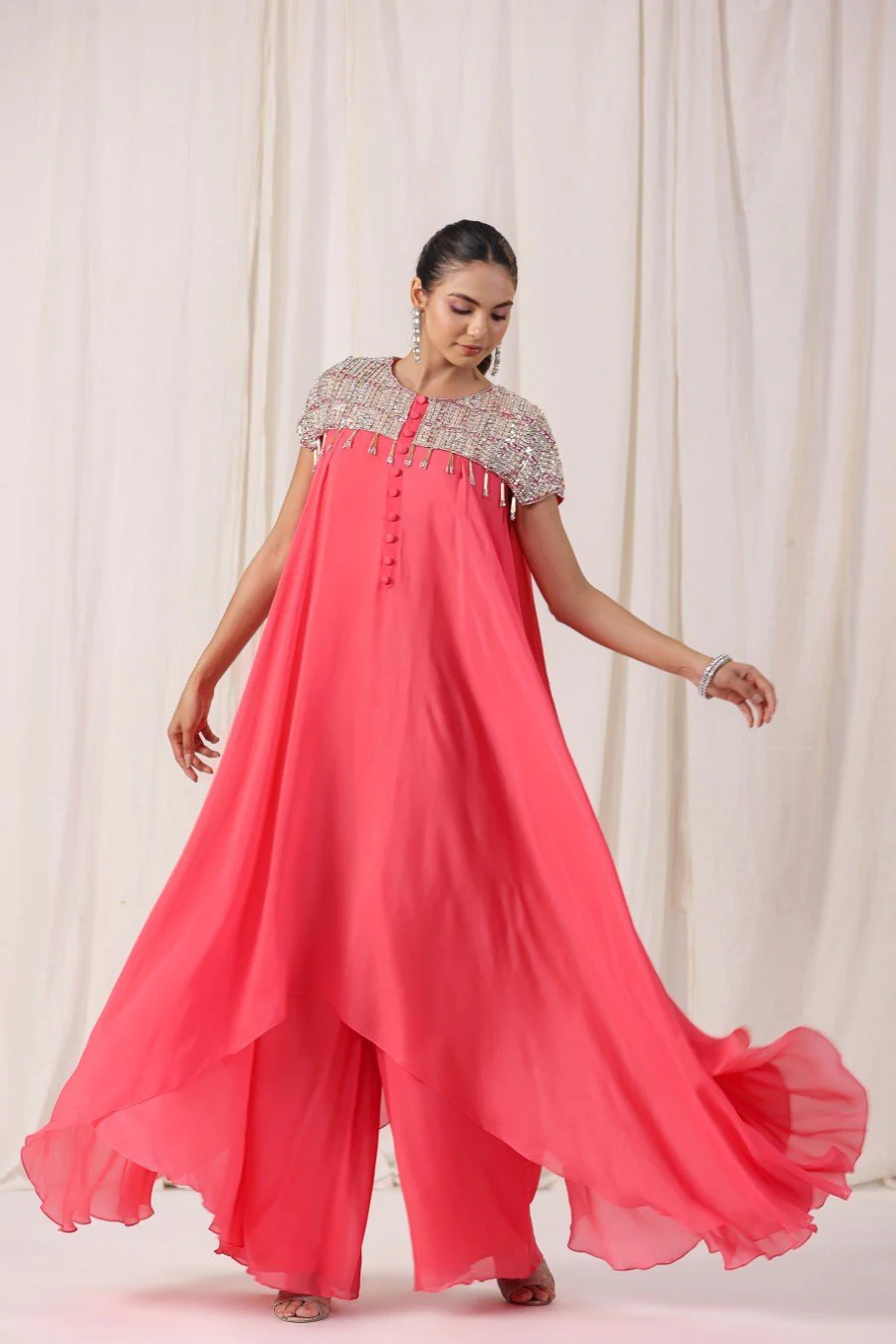 Peach Embellsihed Long Tunic with Palazzo - Image 3