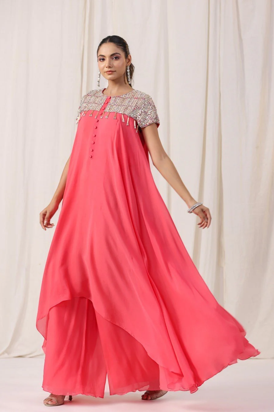 Peach Embellsihed Long Tunic with Palazzo - Image 4
