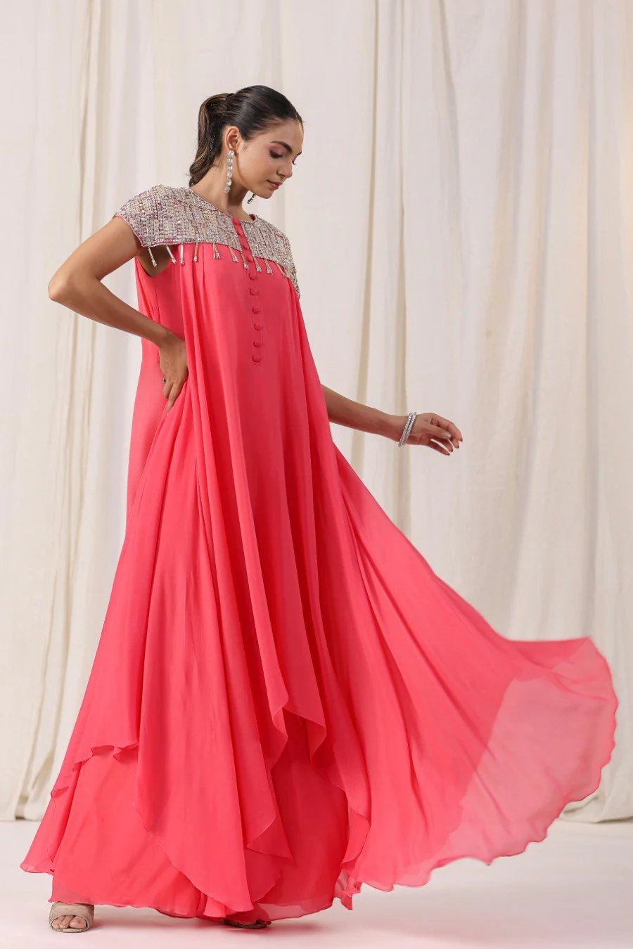 Peach Embellsihed Long Tunic with Palazzo - Image 5