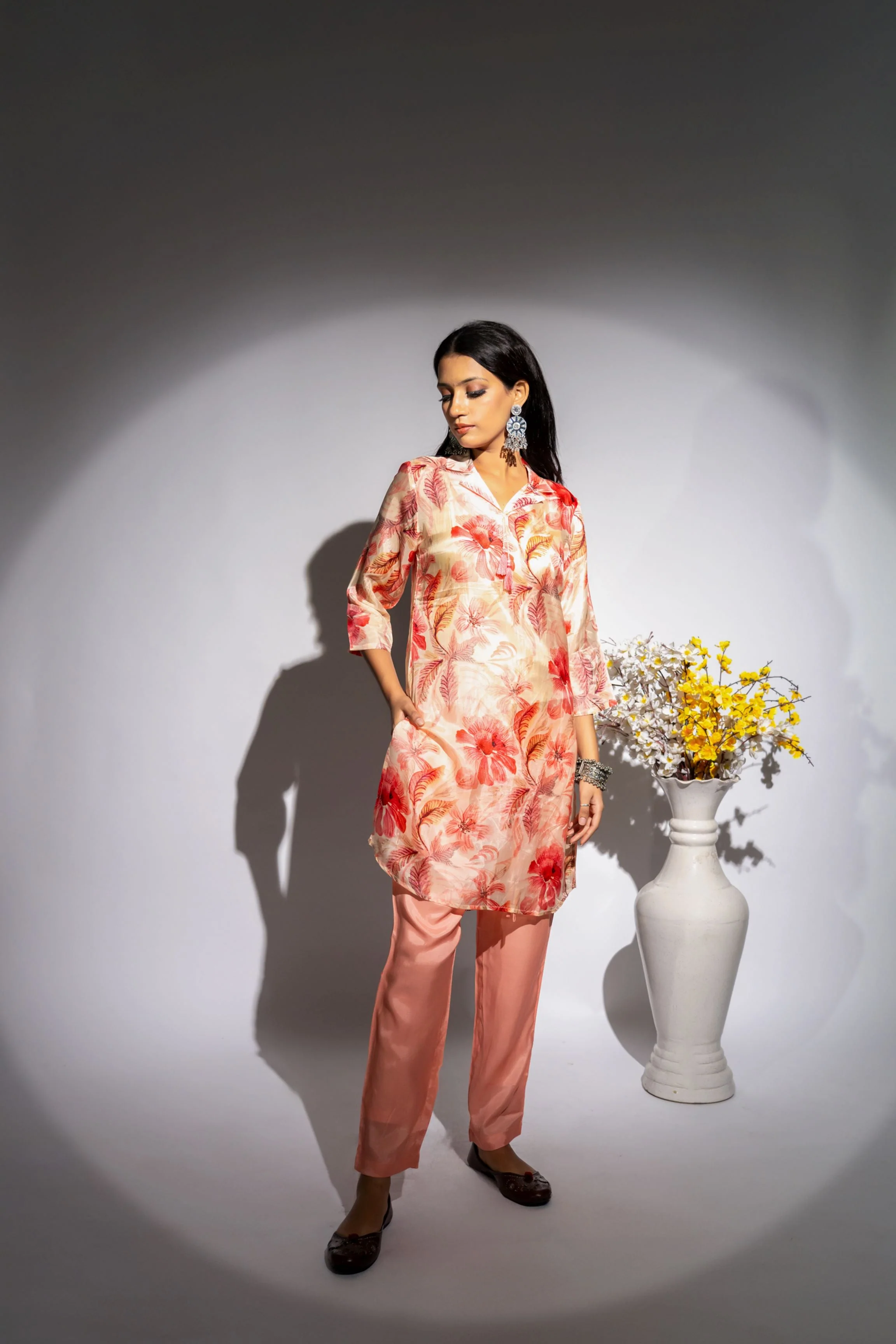 Peach Floral Printed Italian Paper Silk Co-Ord Set - Image 2