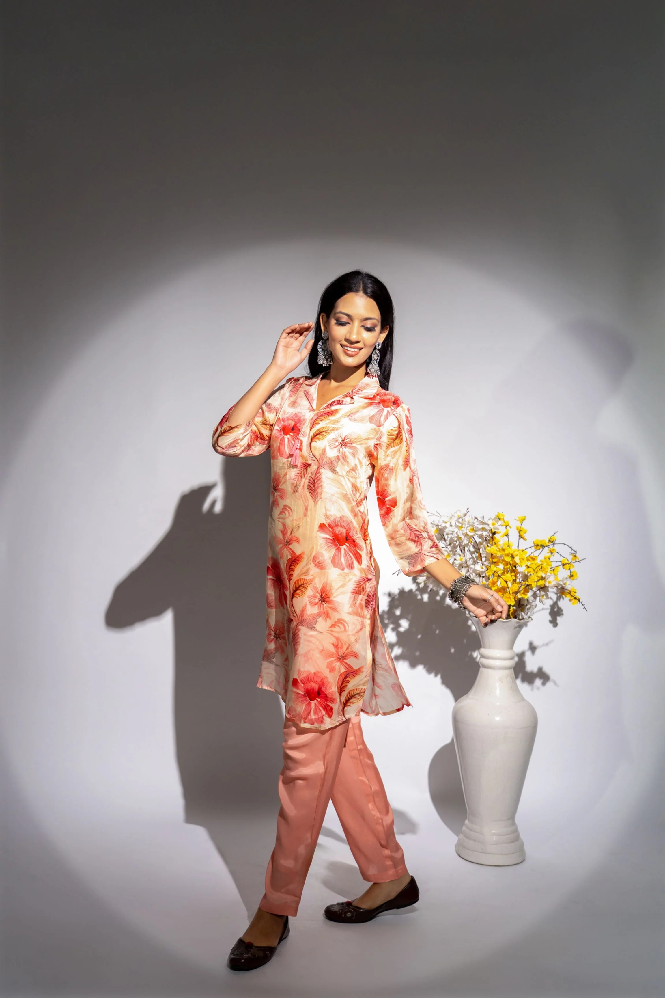 Peach Floral Printed Italian Paper Silk Co-Ord Set - Image 3