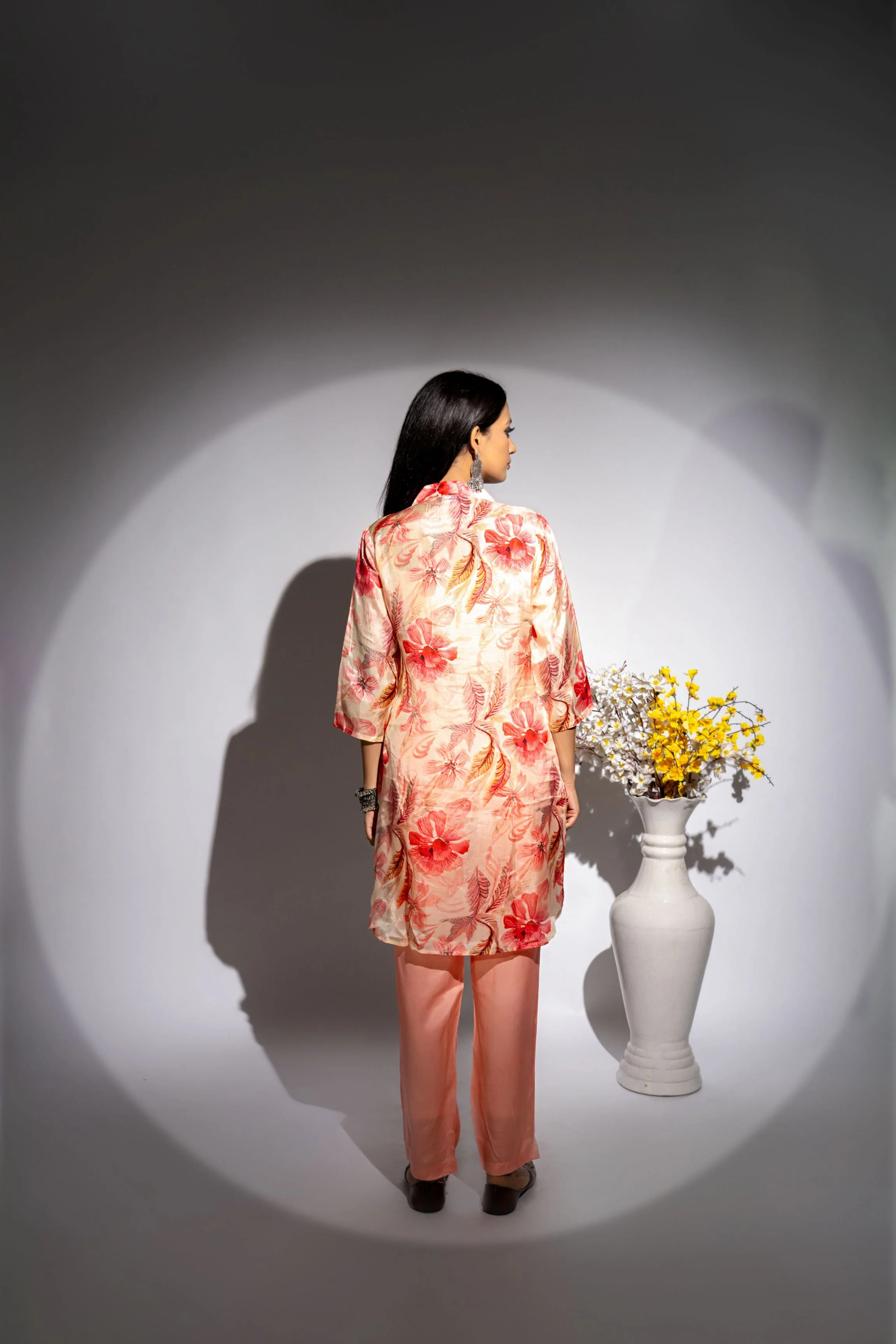 Peach Floral Printed Italian Paper Silk Co-Ord Set - Image 4