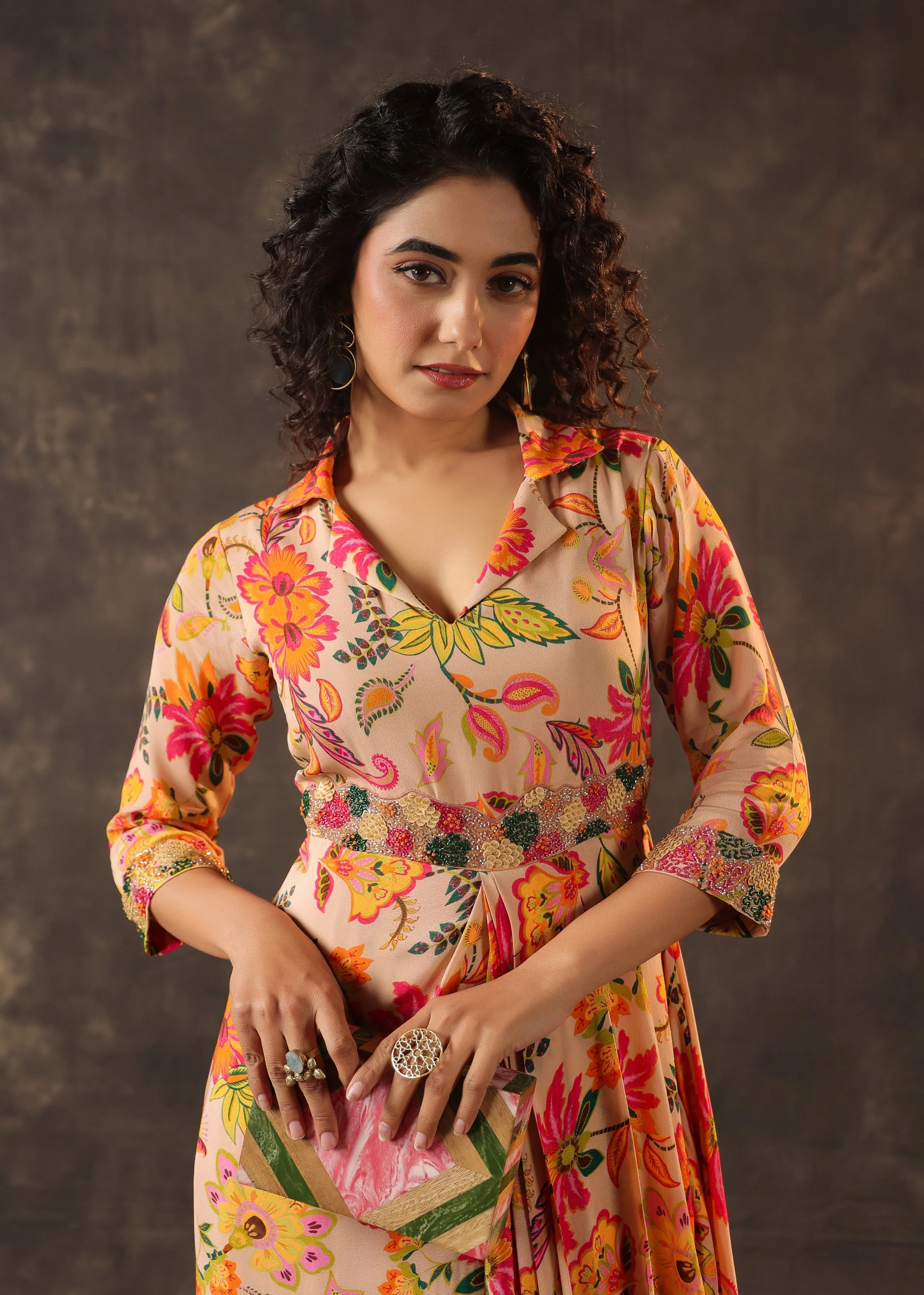 Peach Nectar Printed Crepe Silk Draped Dress - Image 2