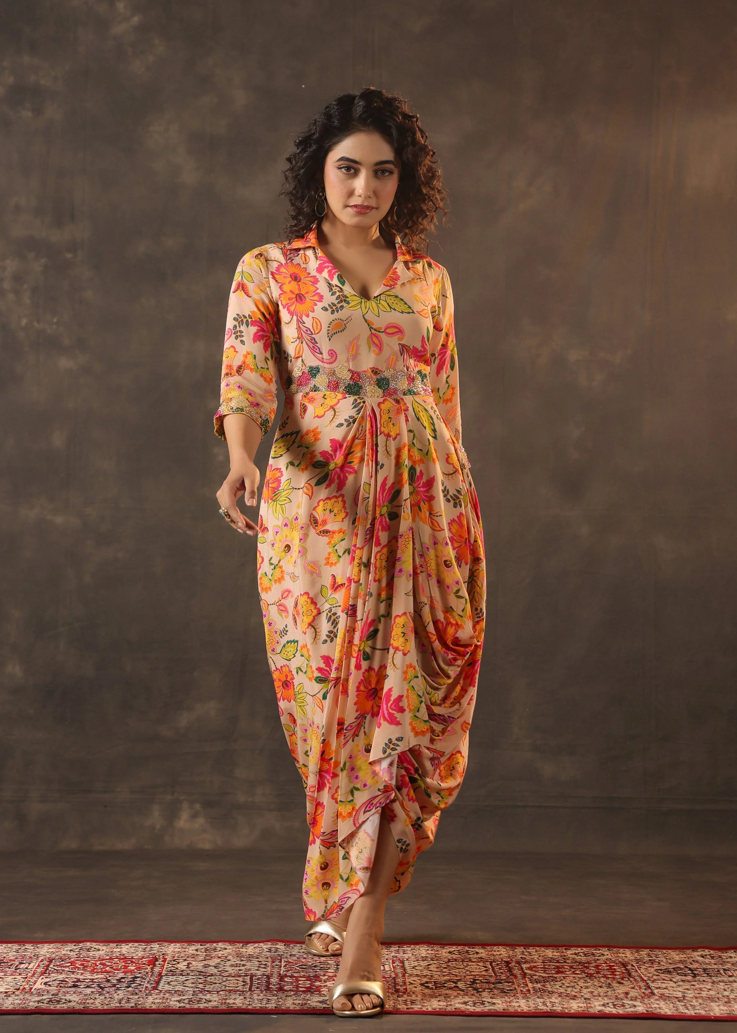 Peach Nectar Printed Crepe Silk Draped Dress - Image 3