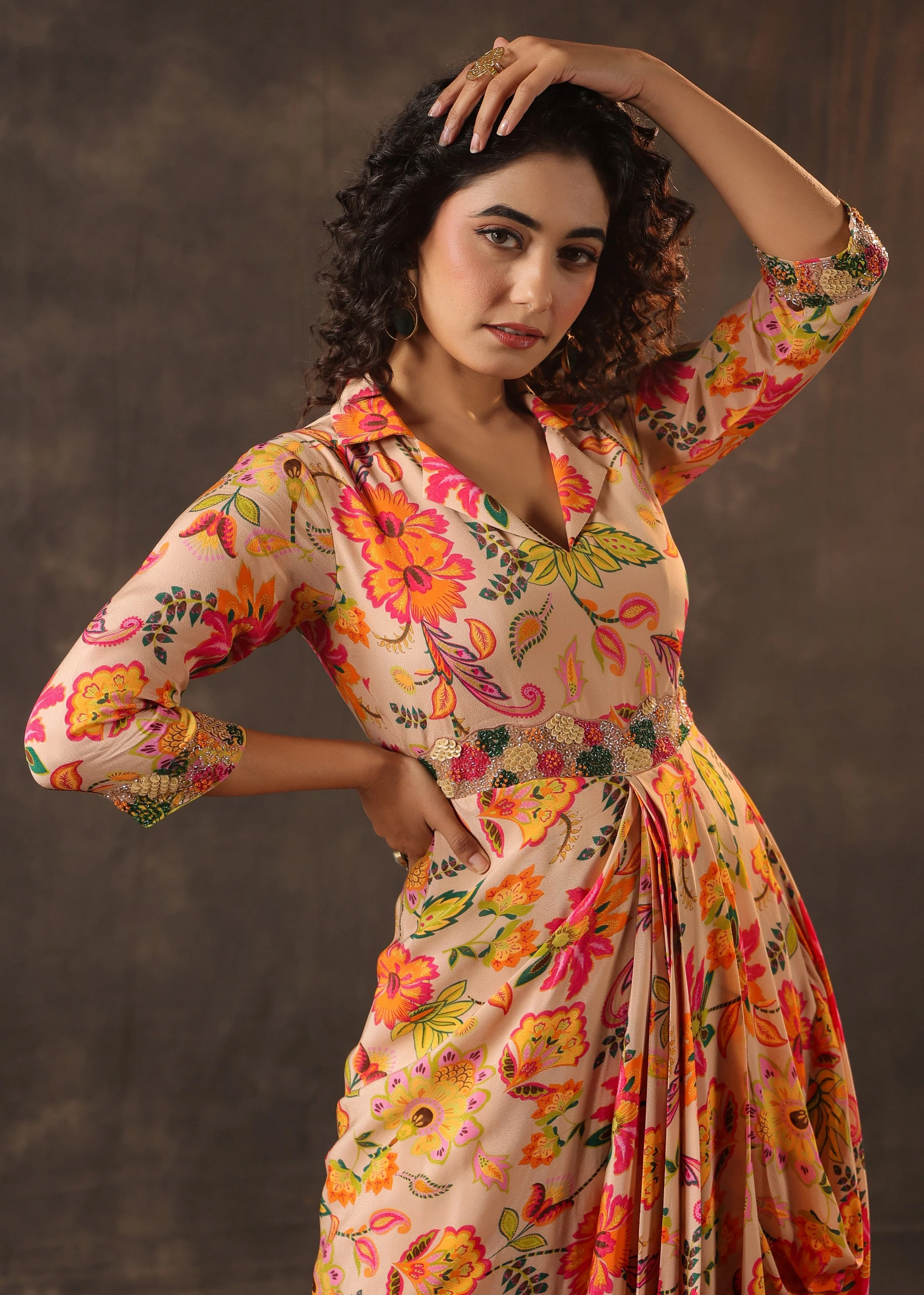 Peach Nectar Printed Crepe Silk Draped Dress - Image 4