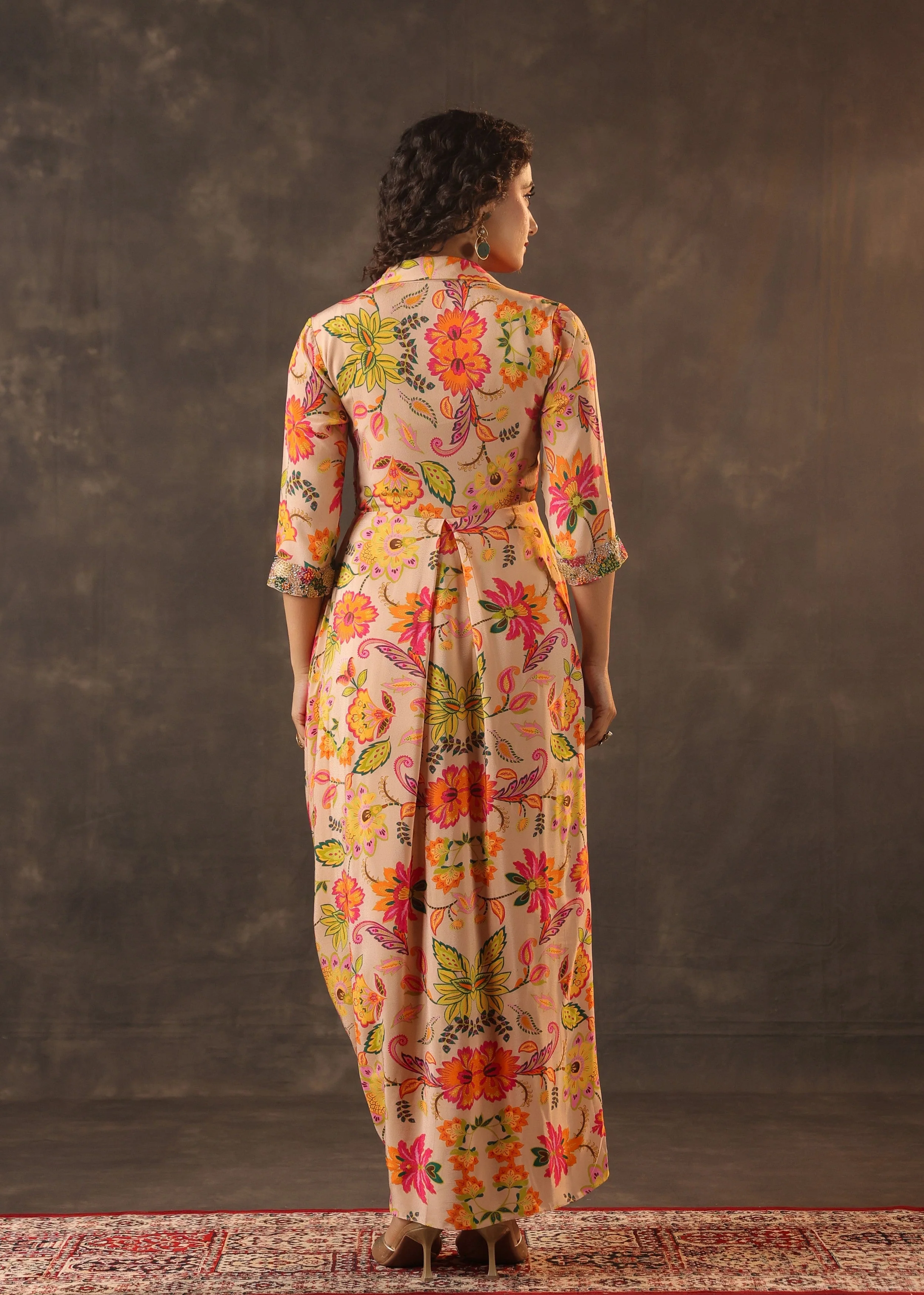 Peach Nectar Printed Crepe Silk Draped Dress - Image 5