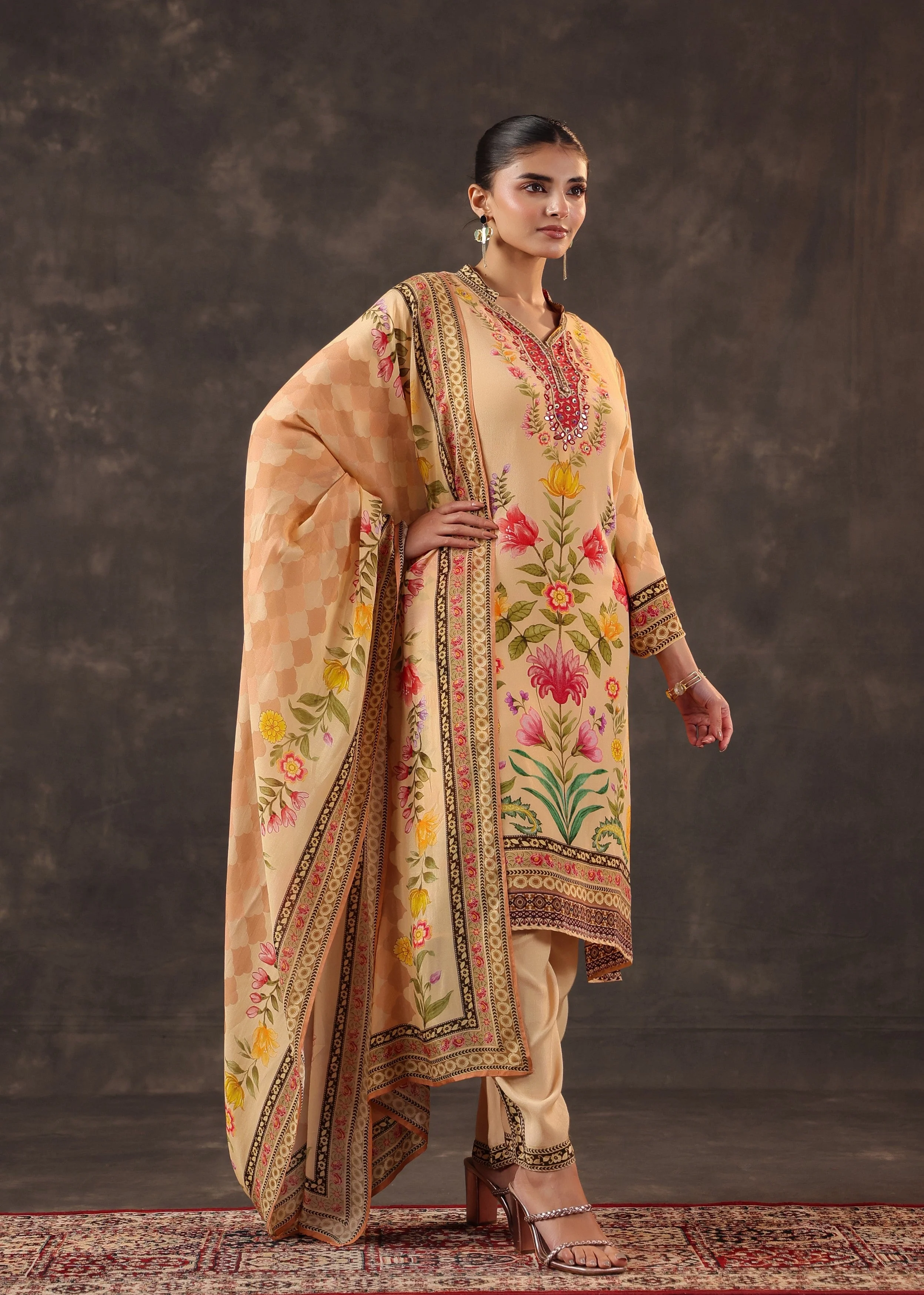 Warm Peach Printed Crepe Silk Pant Set - Image 3