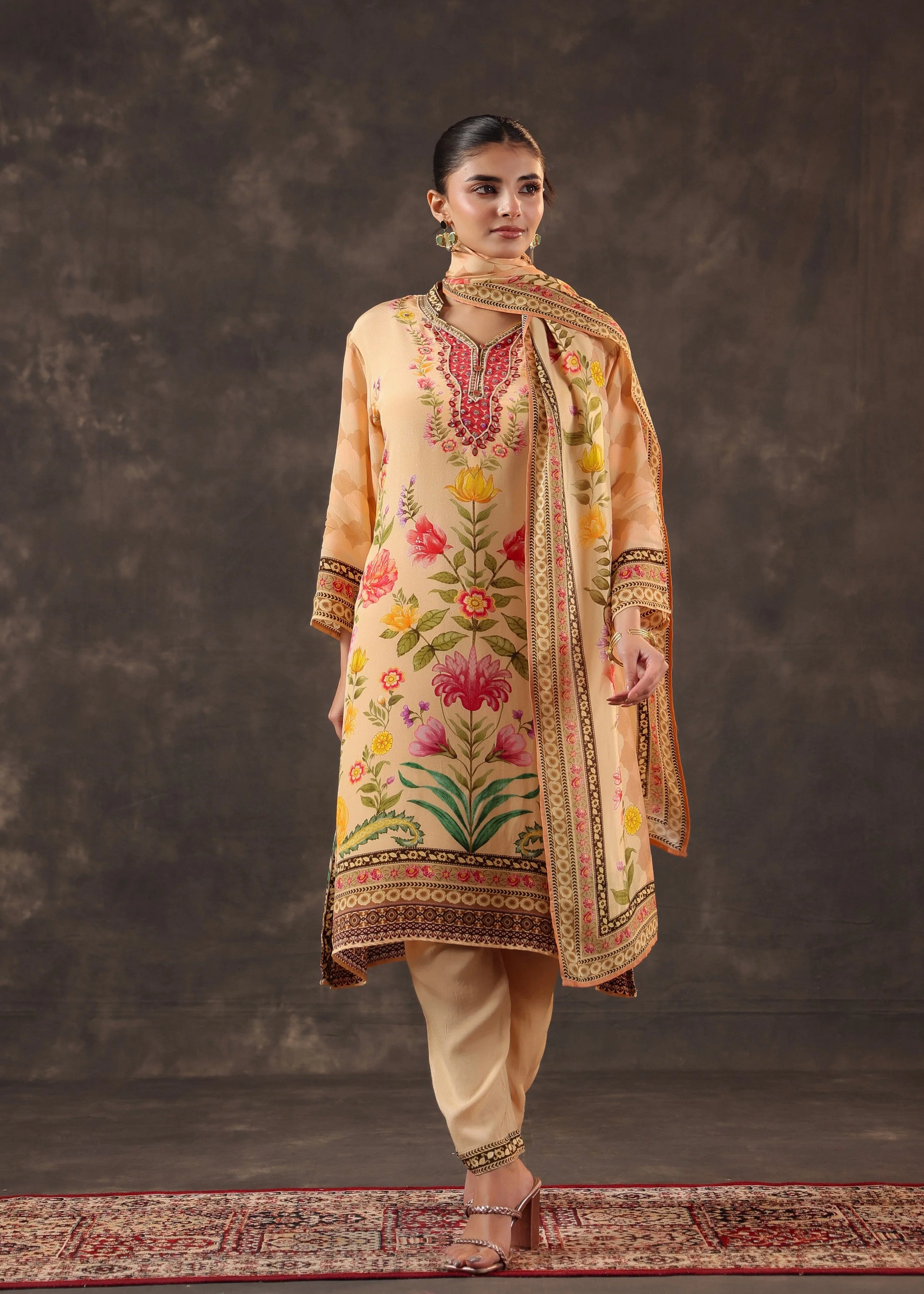 Warm Peach Printed Crepe Silk Pant Set - Image 4