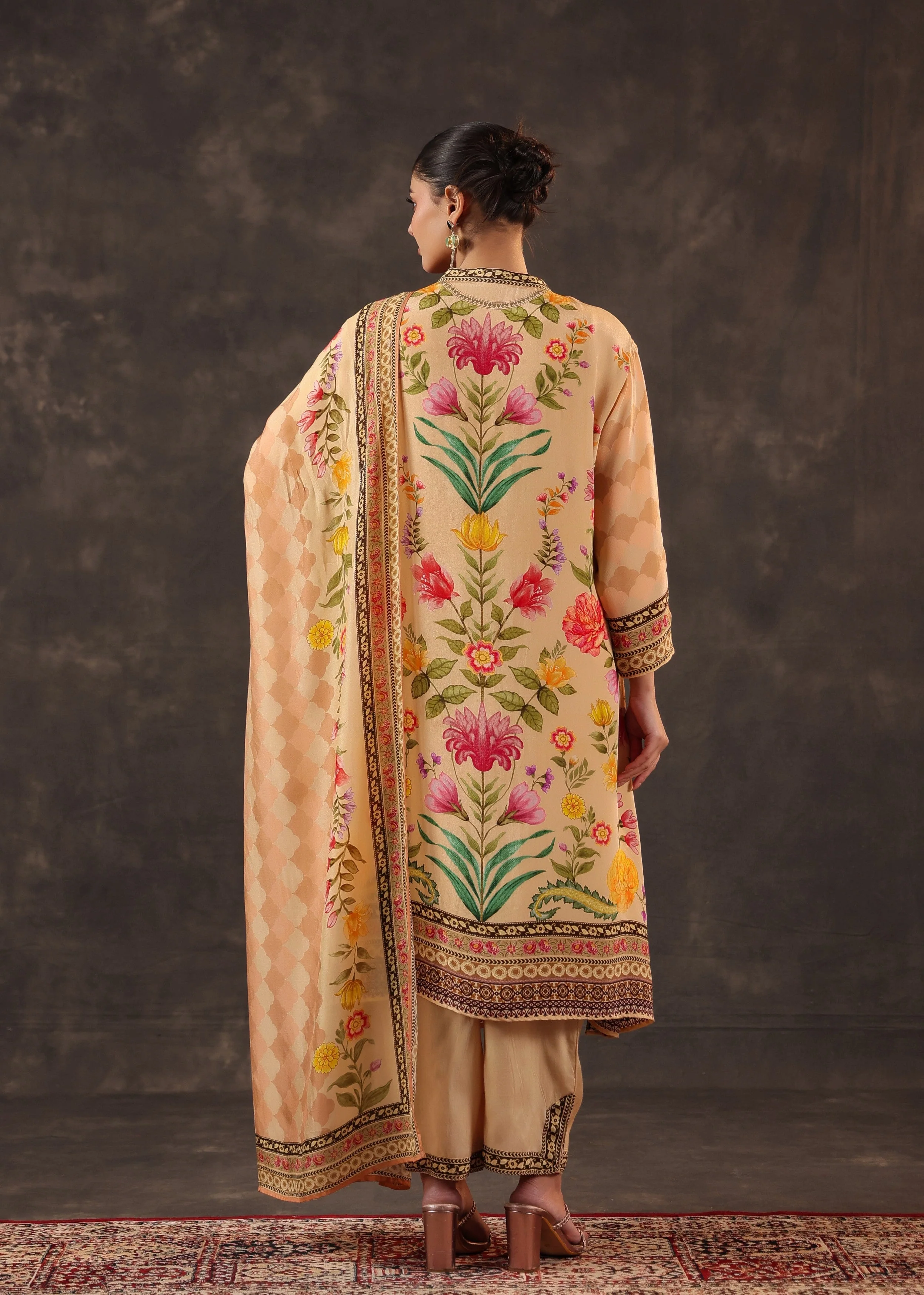 Warm Peach Printed Crepe Silk Pant Set - Image 5