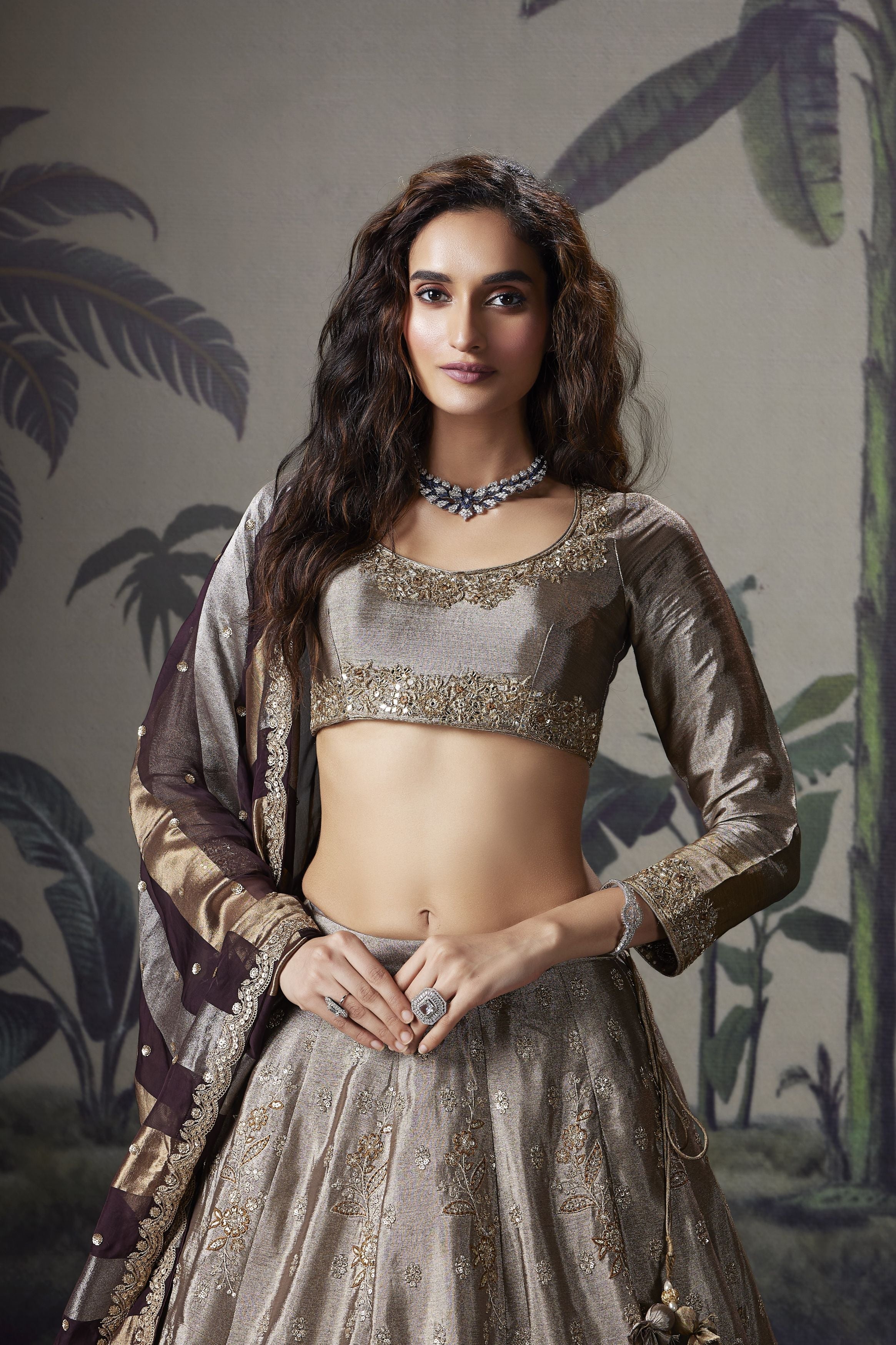 Taupe Gold Embellished Premium Silk Lehenga Set - Image 2
