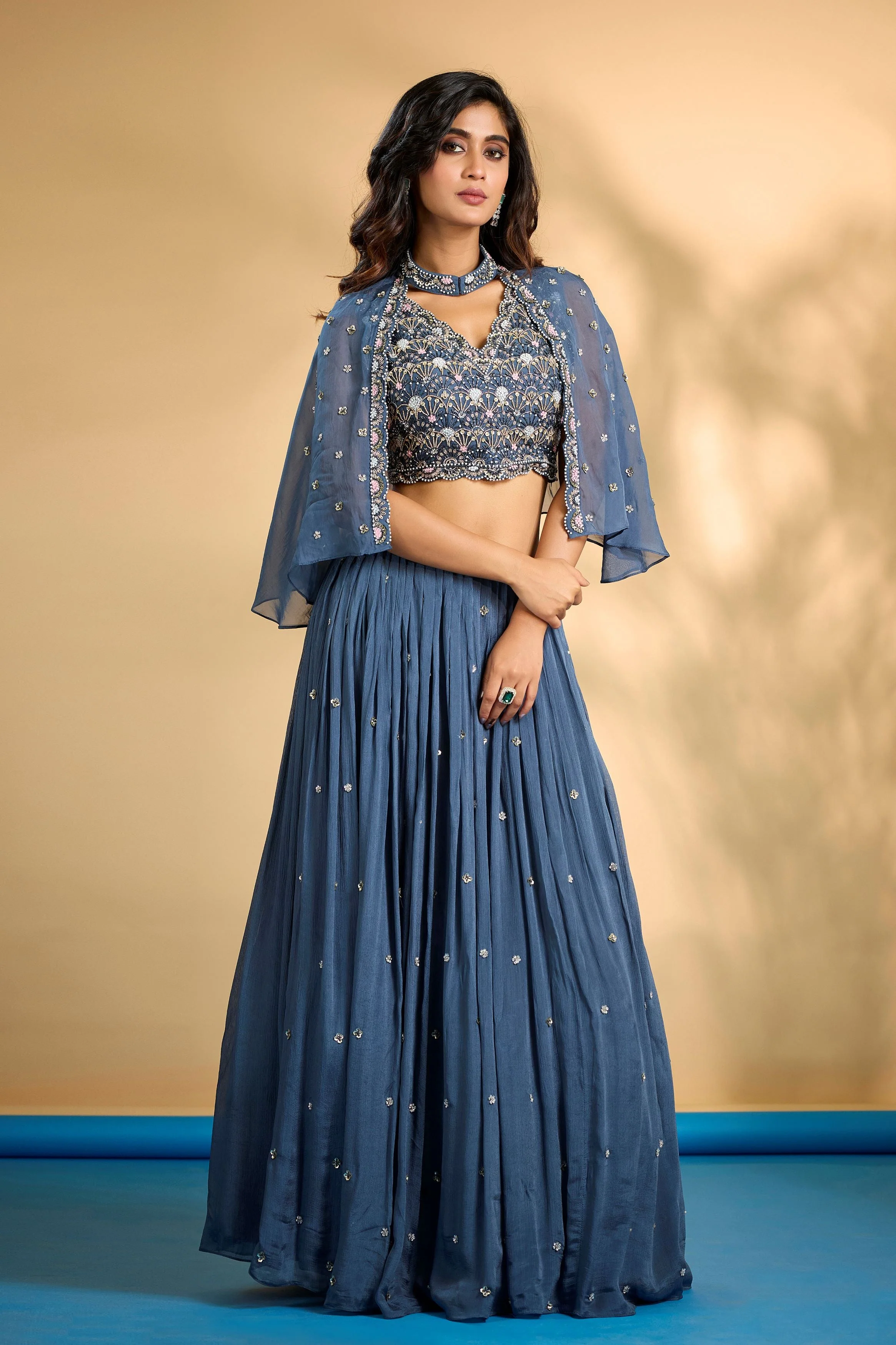 Deep Teal Embellished Chinon Silk Cape-Skirt Set - Image 3