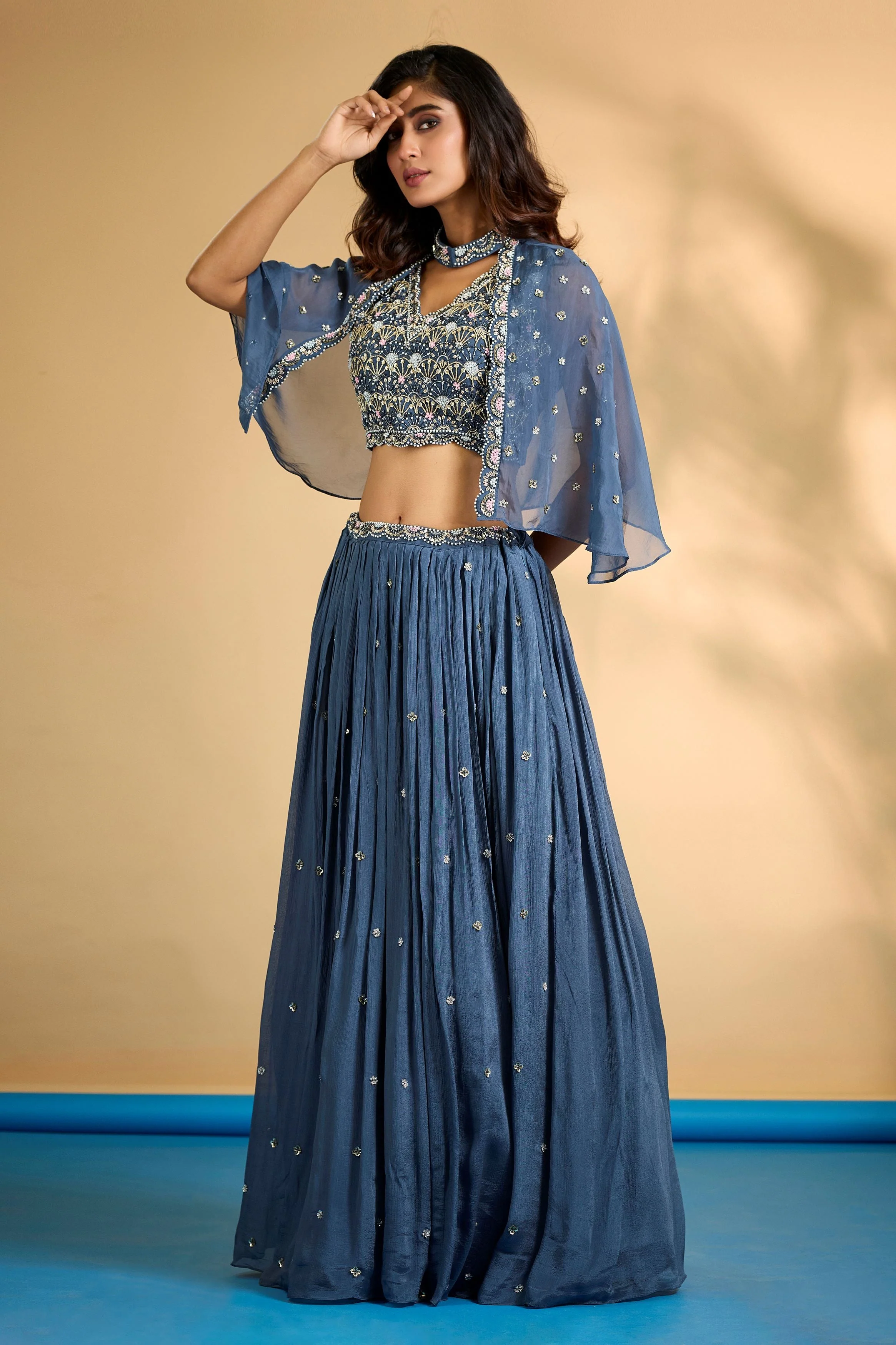 Deep Teal Embellished Chinon Silk Cape-Skirt Set - Image 4