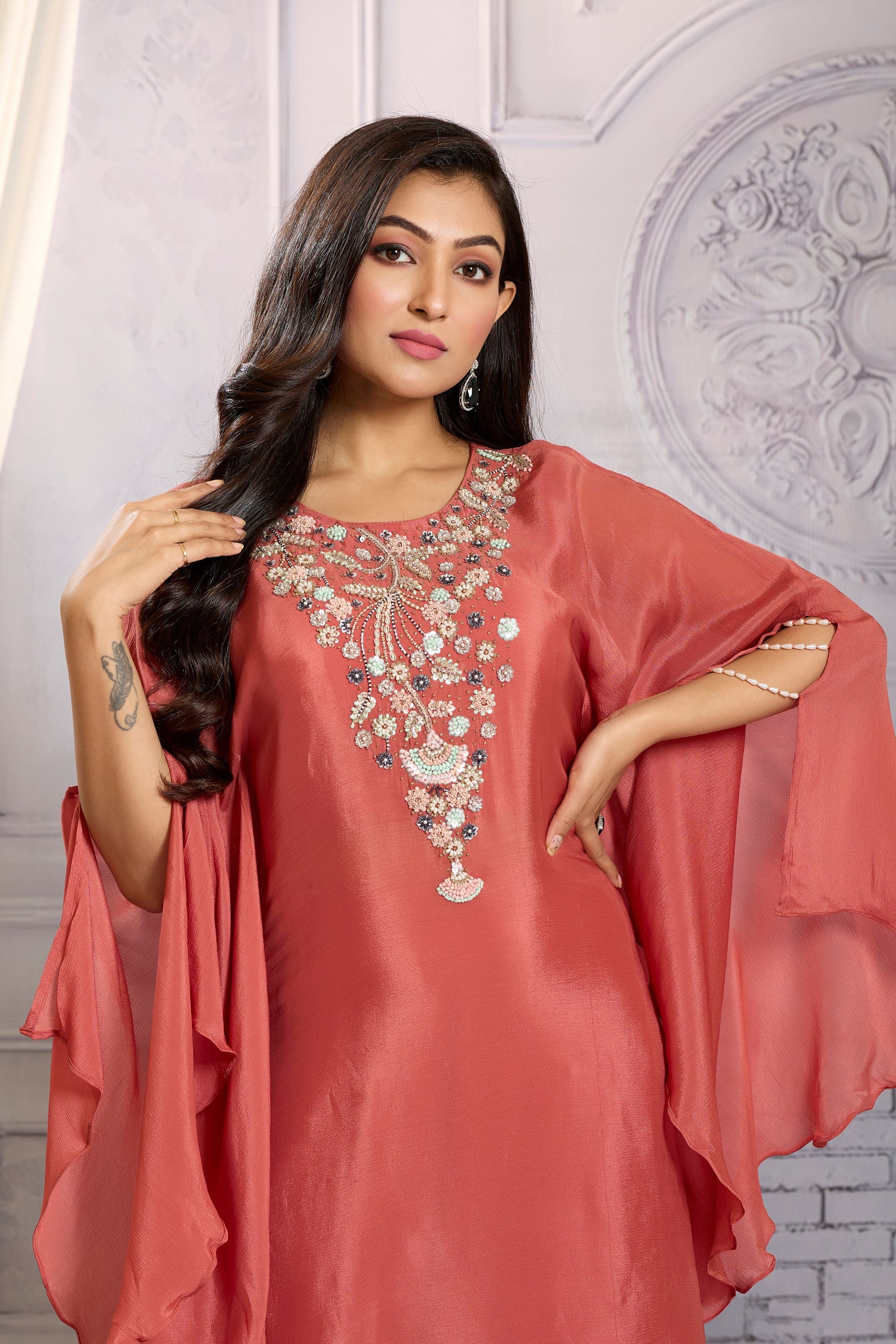 Peach Pink Embellished Chinon Silk Kaftan Set - Image 2
