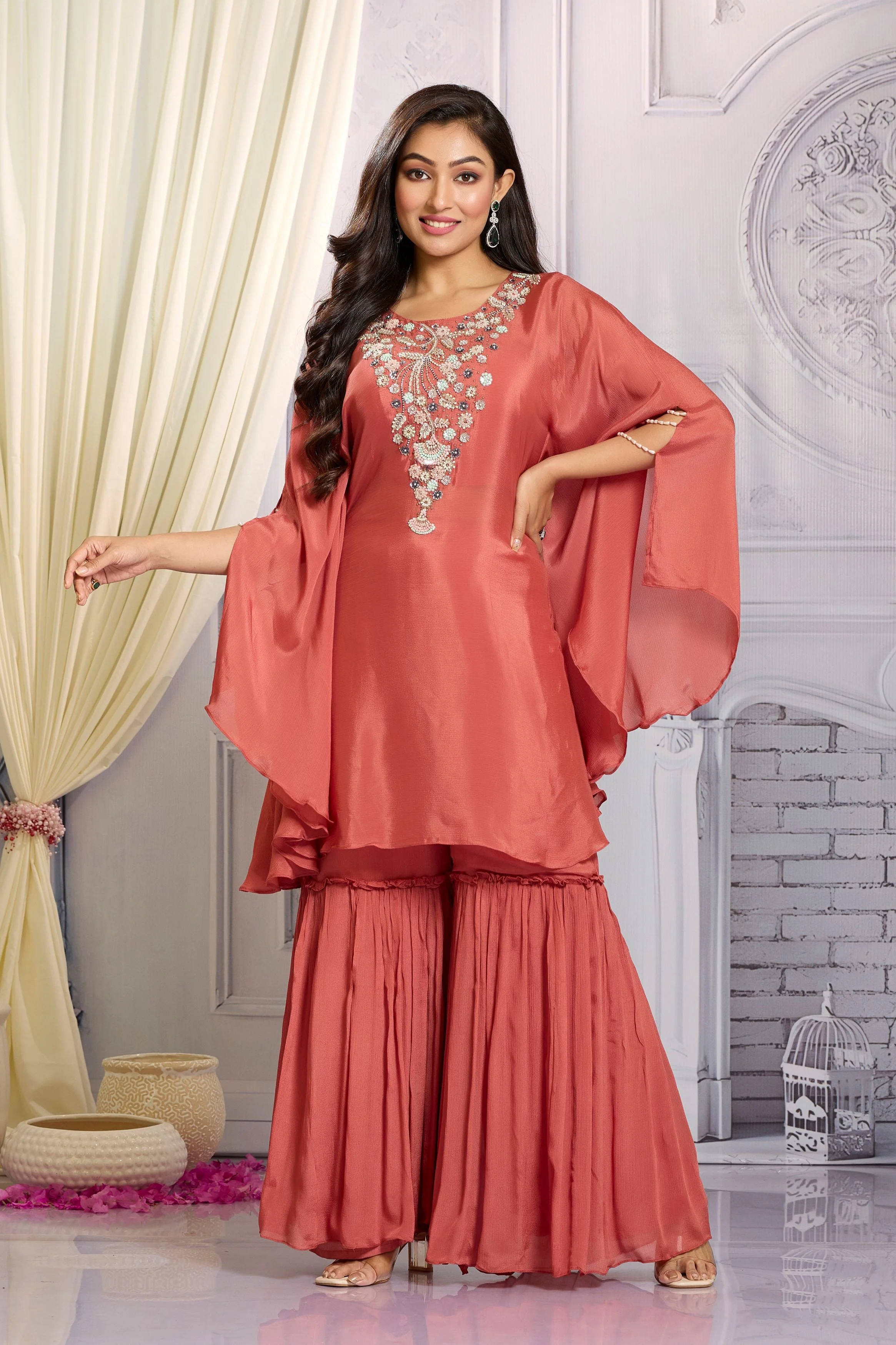 Peach Pink Embellished Chinon Silk Kaftan Set - Image 4