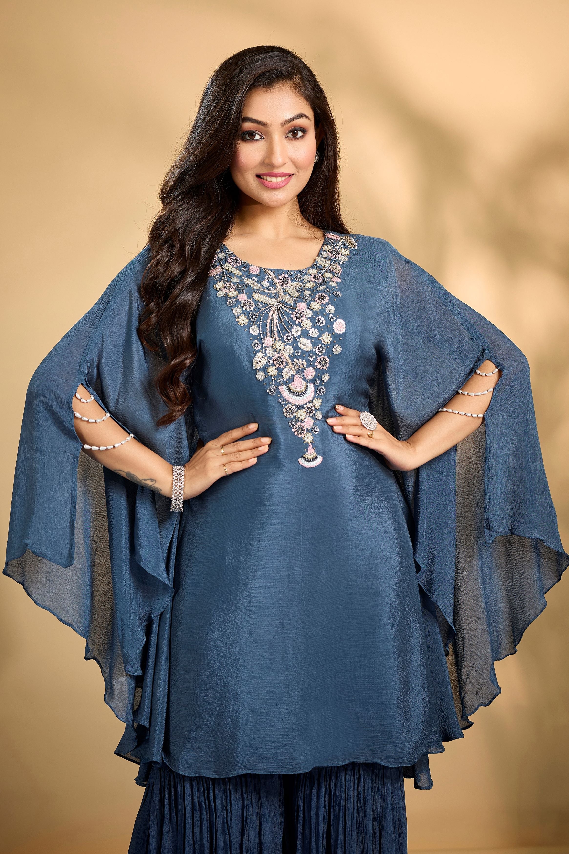 Dark Teal Embellished Chinon Silk Kaftan Set - Image 2