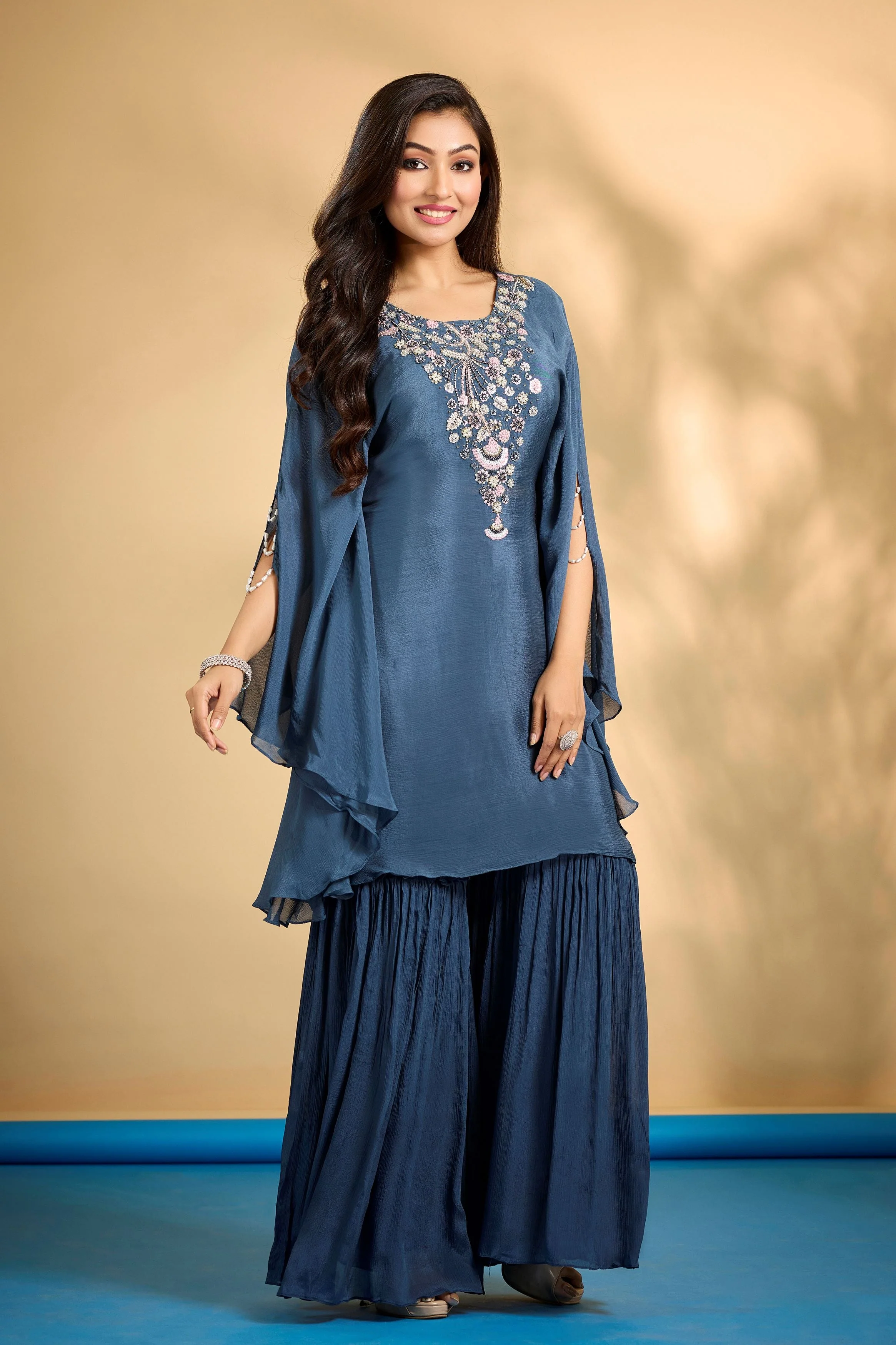 Dark Teal Embellished Chinon Silk Kaftan Set - Image 3