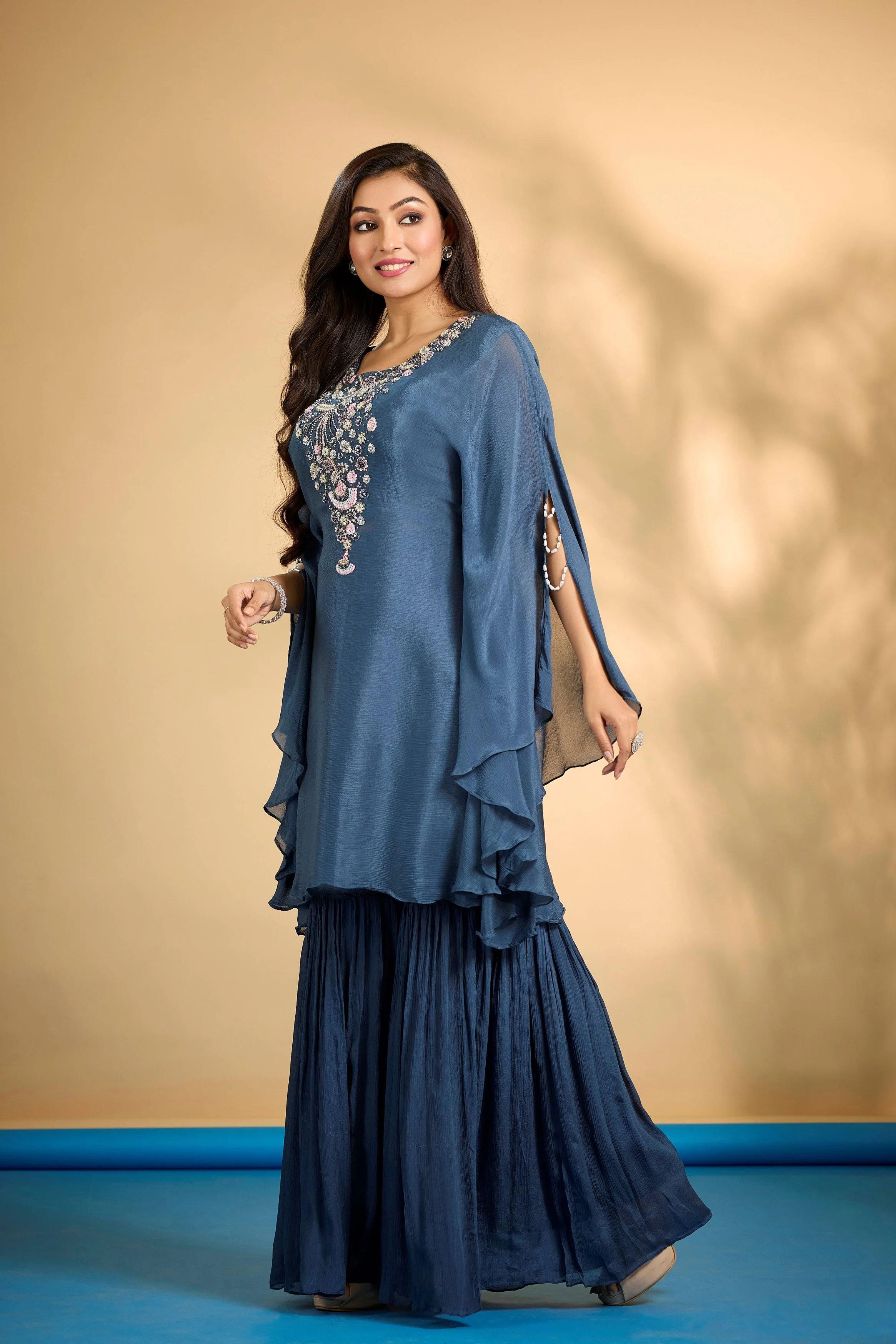 Dark Teal Embellished Chinon Silk Kaftan Set - Image 4