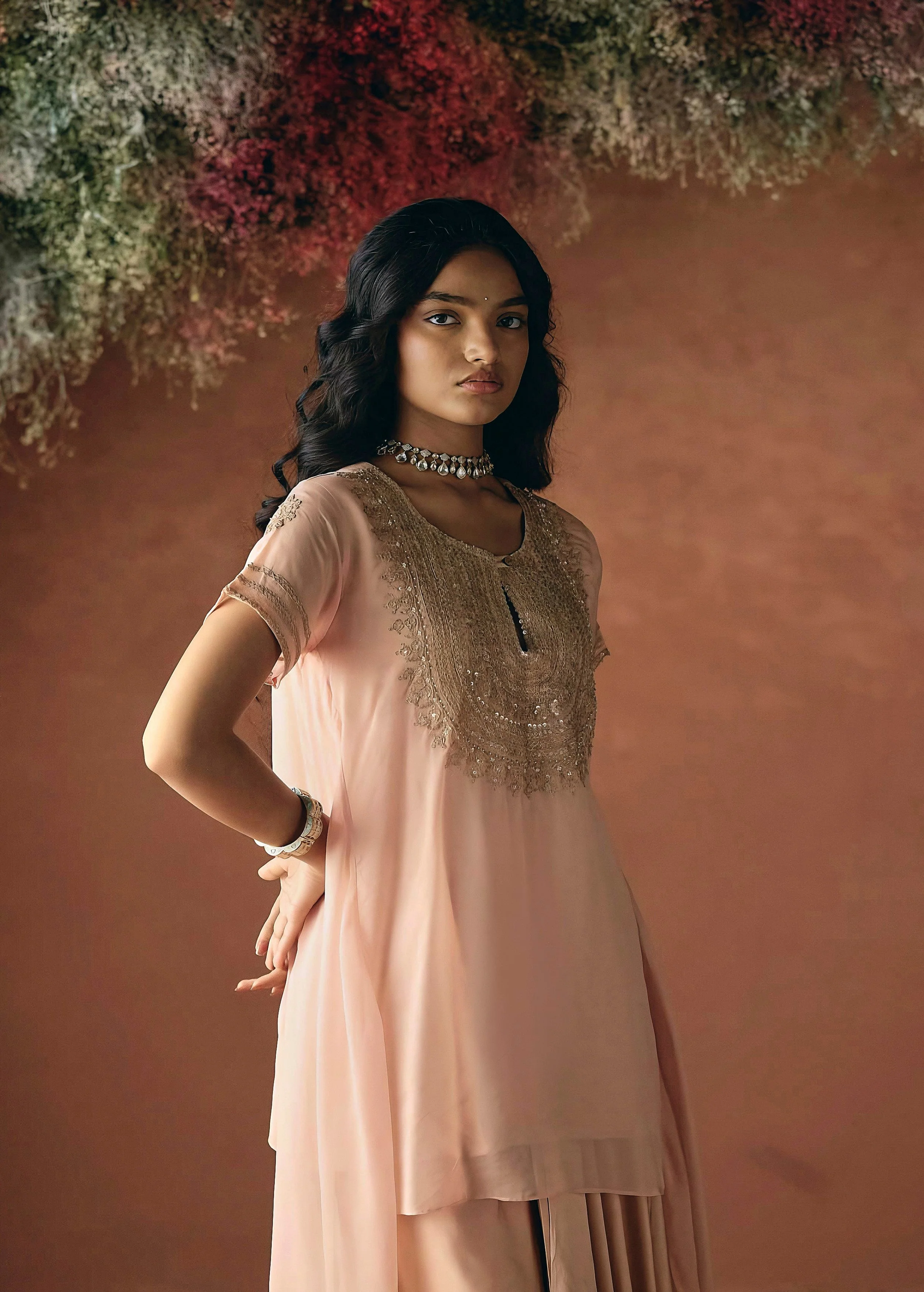 Peach Pink Embellished Organza Silk Skirt Set - Image 3