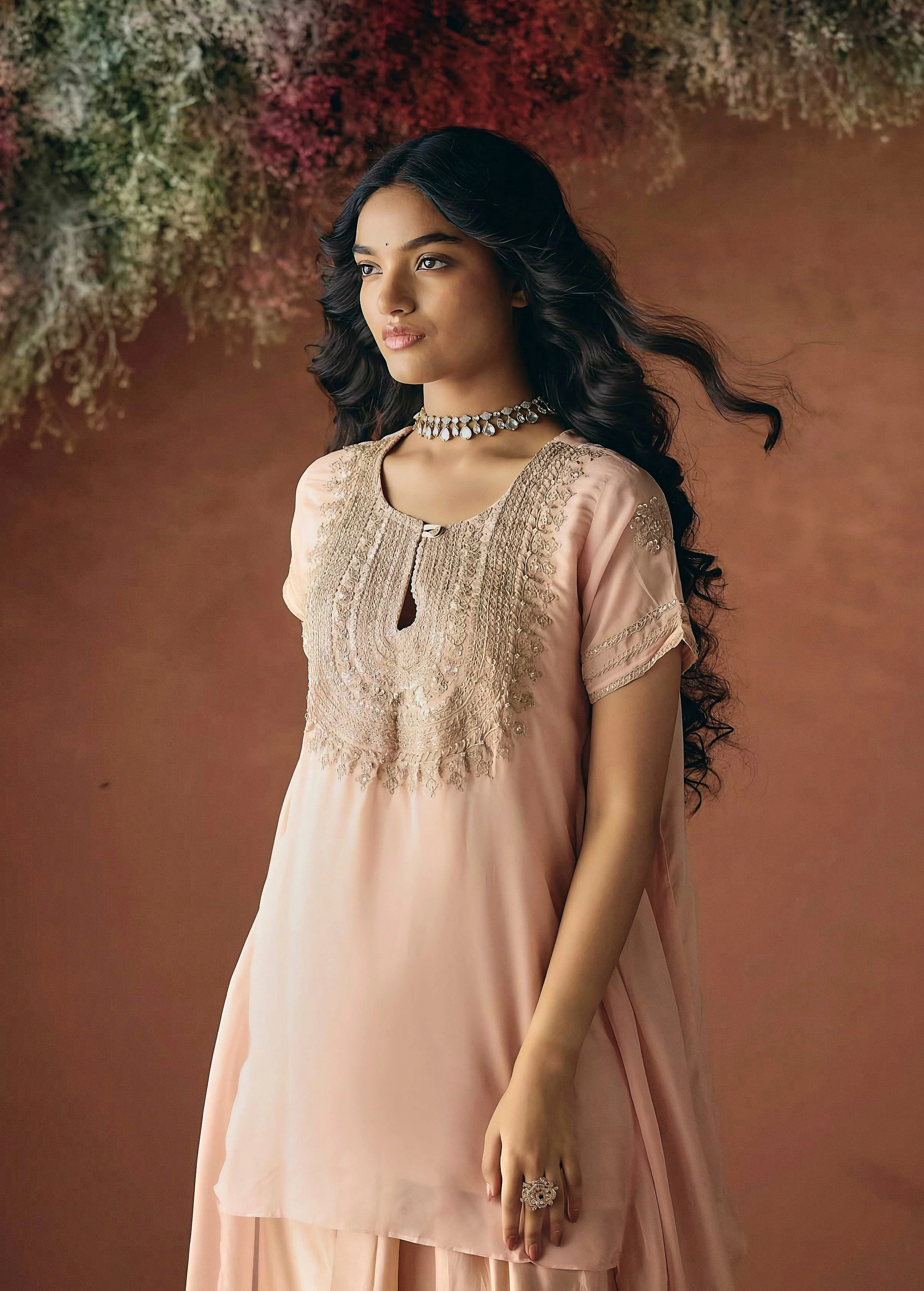 Peach Pink Embellished Organza Silk Skirt Set - Image 4
