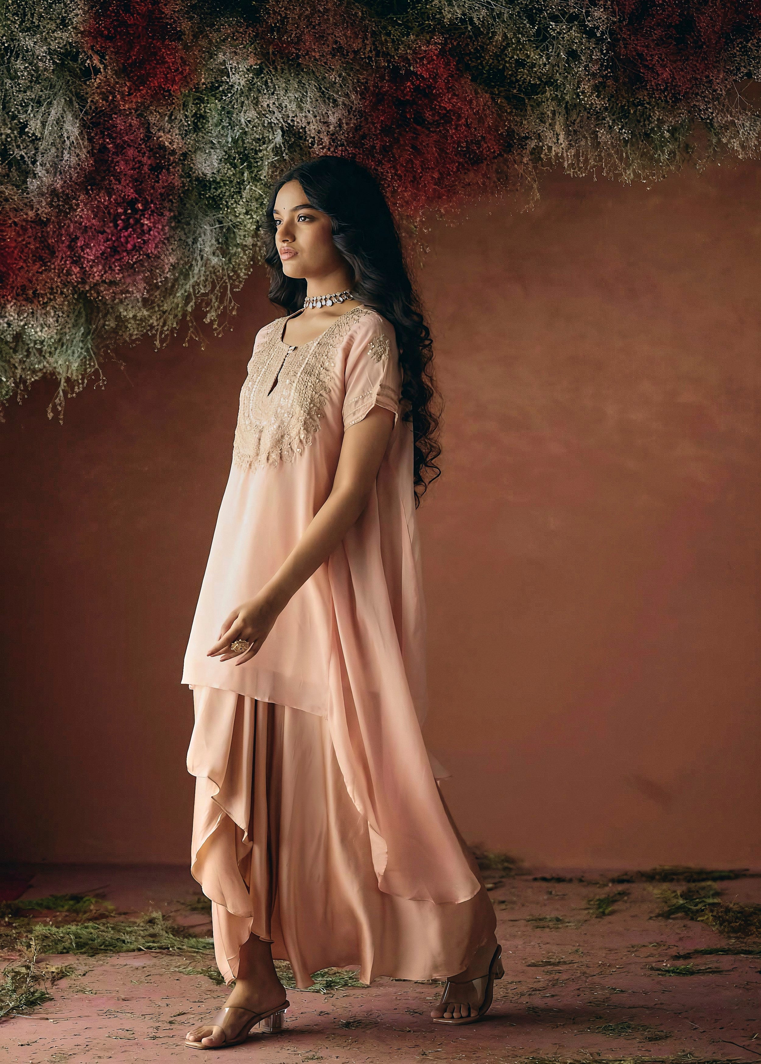 Peach Pink Embellished Organza Silk Skirt Set - Image 5