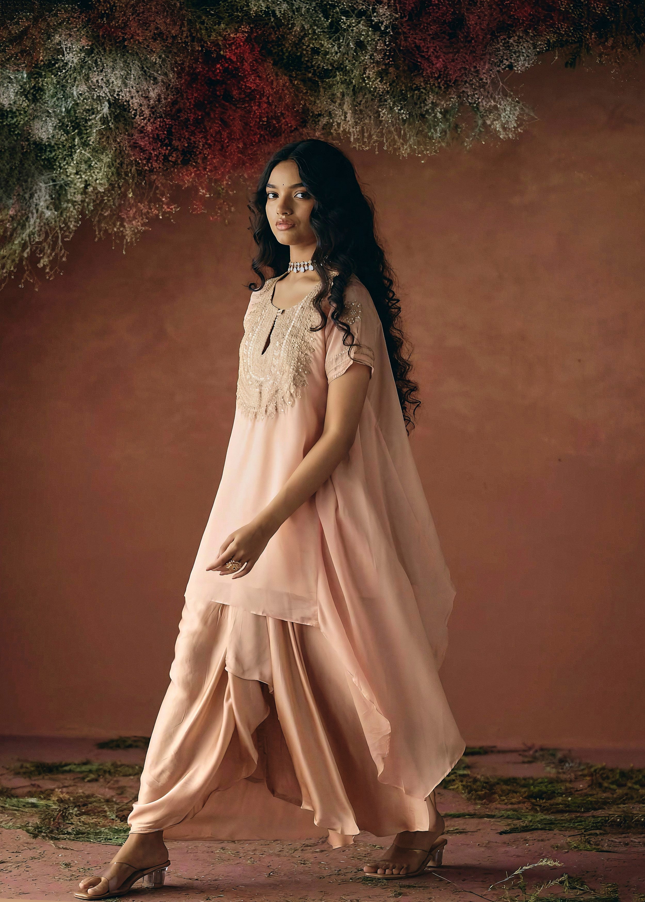 Peach Pink Embellished Organza Silk Skirt Set - Image 6