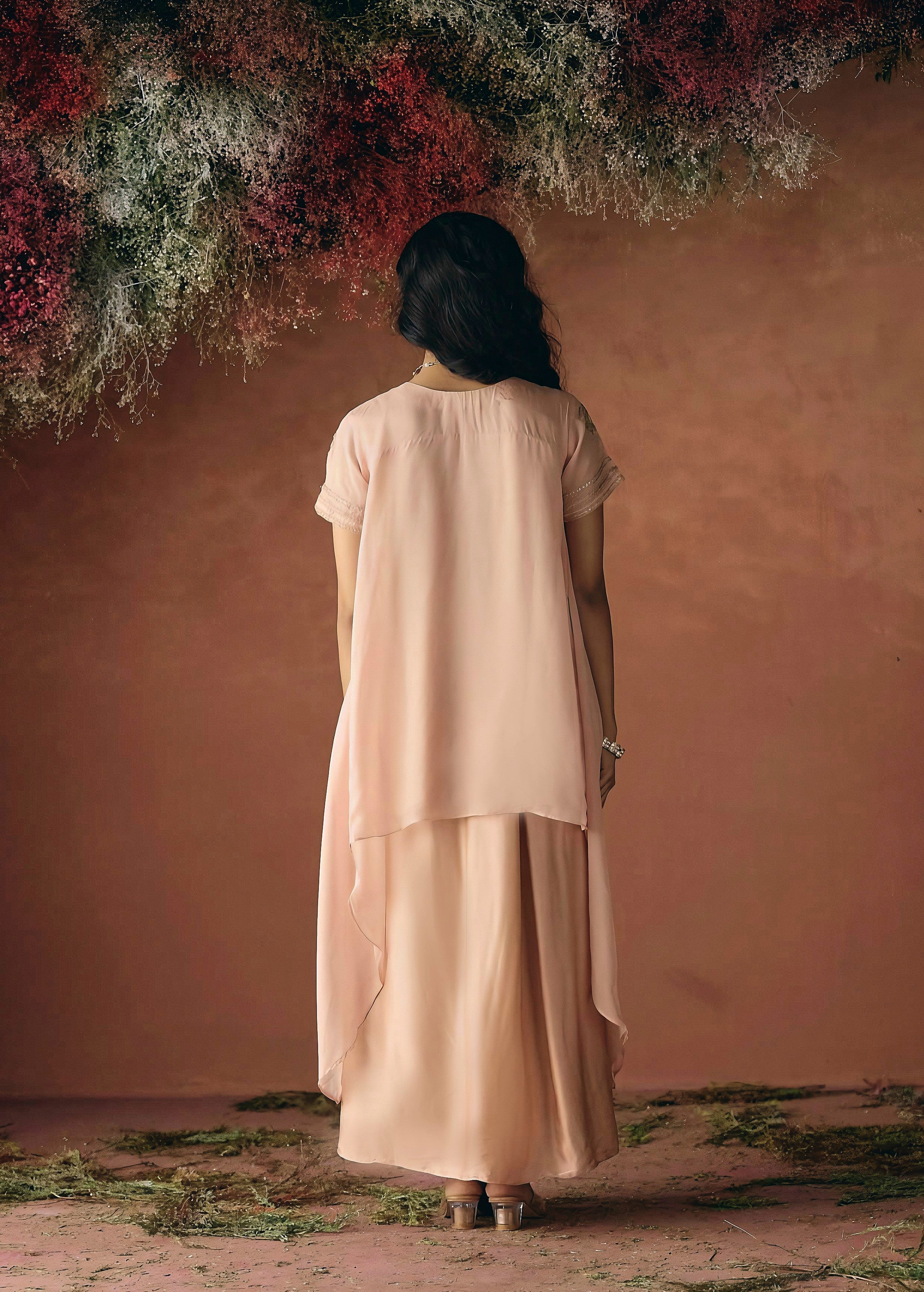 Peach Pink Embellished Organza Silk Skirt Set - Image 7