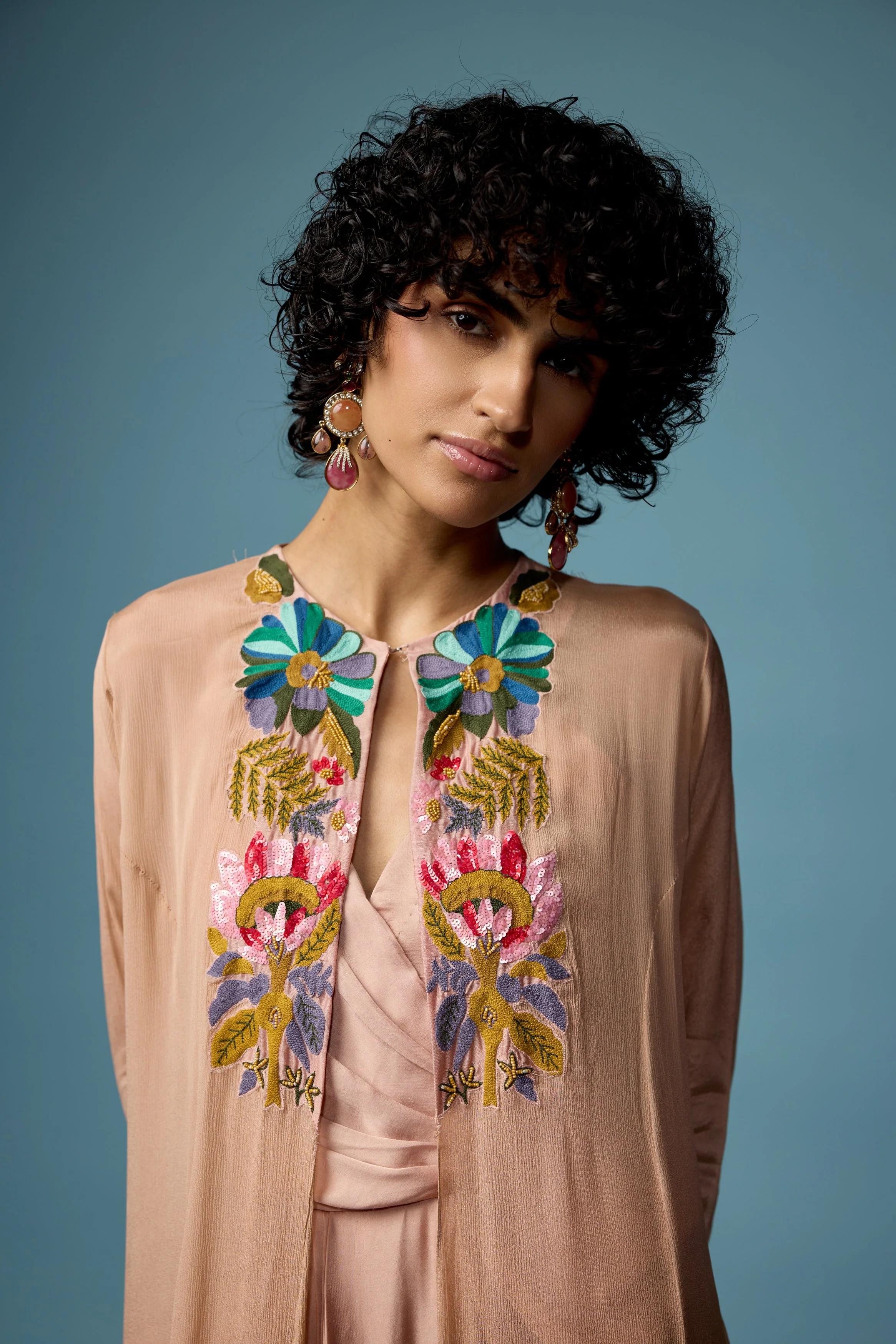 Blush Pink Embroidered Satin Silk Dress - Image 3