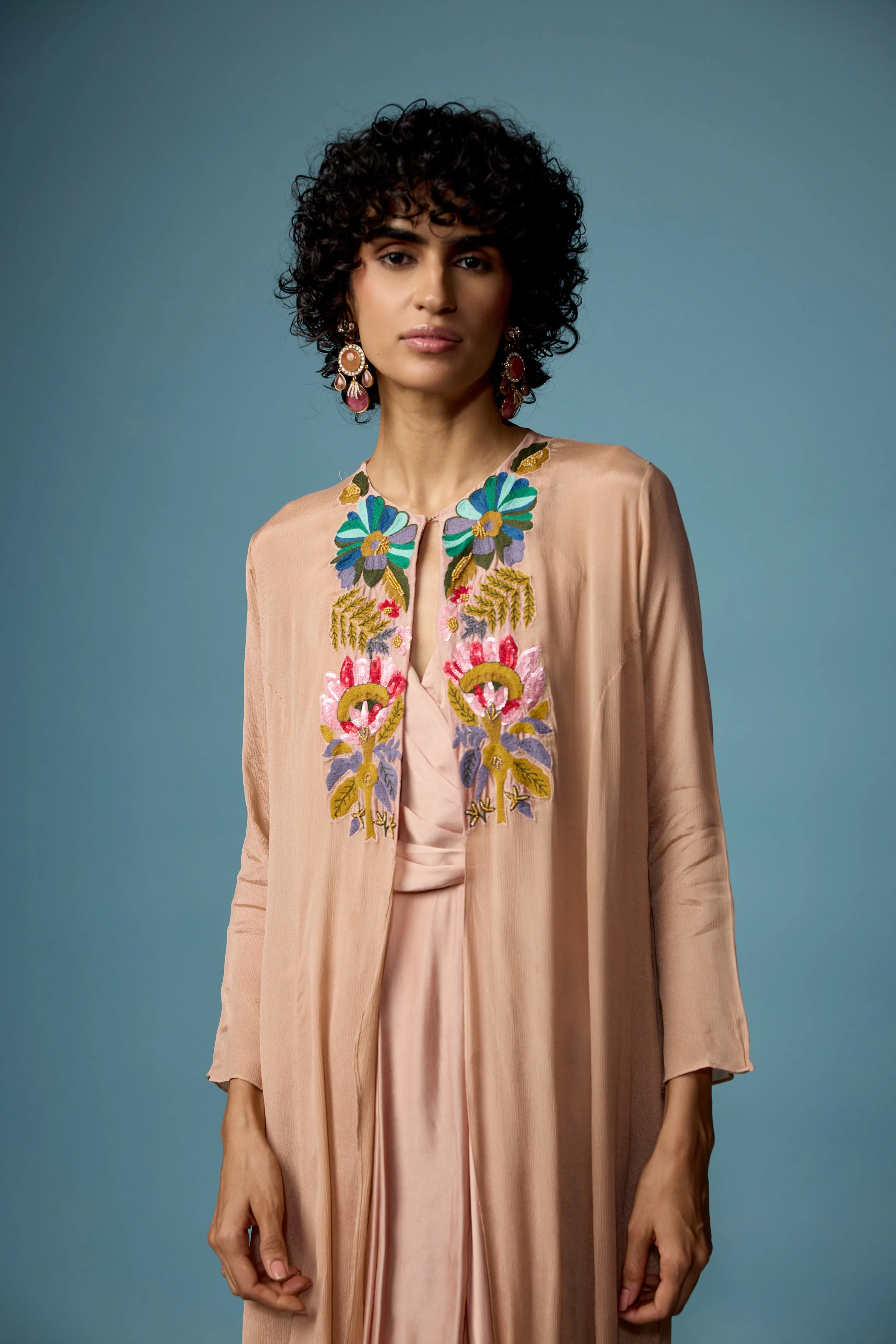 Blush Pink Embroidered Satin Silk Dress - Image 4