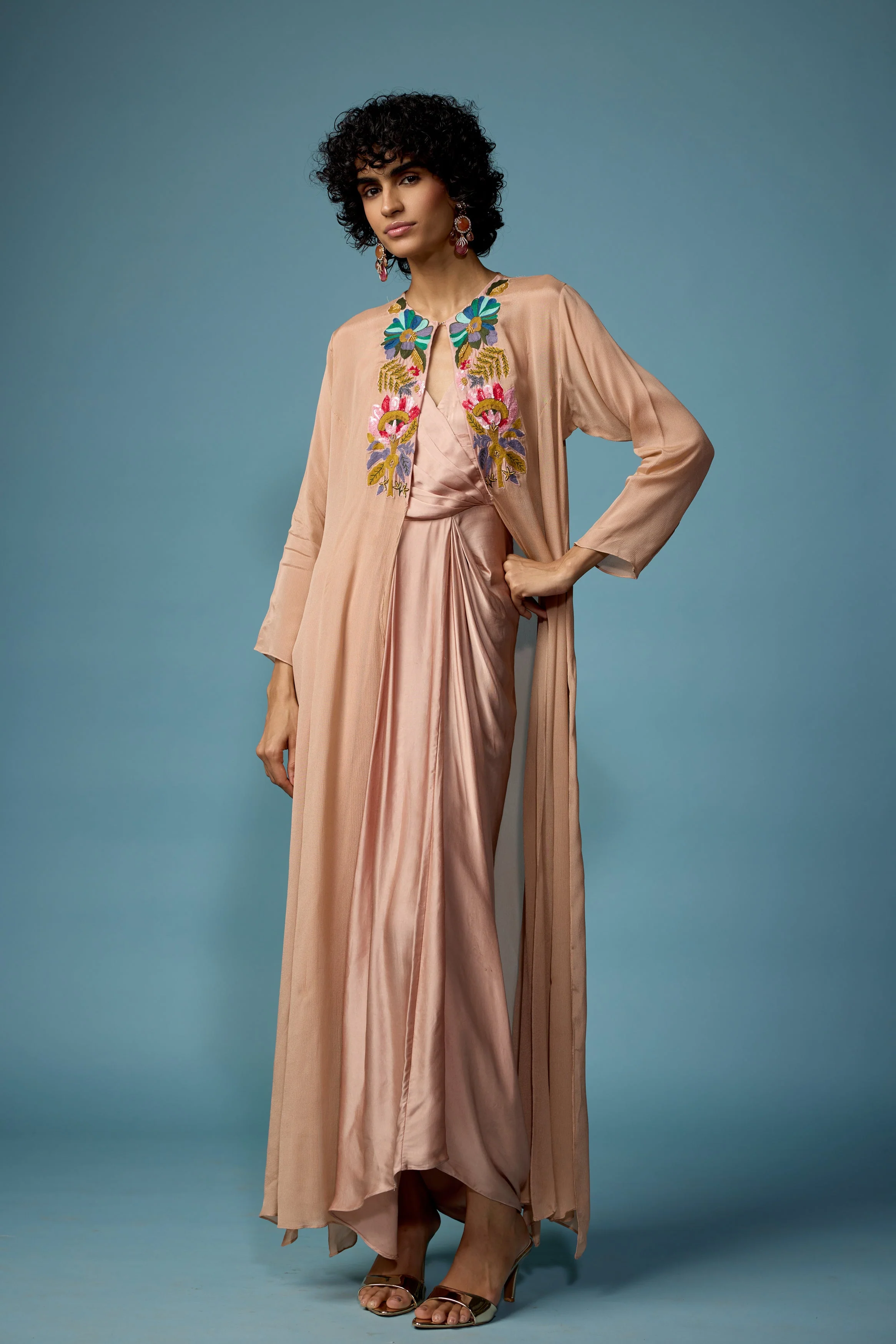 Blush Pink Embroidered Satin Silk Dress - Image 5