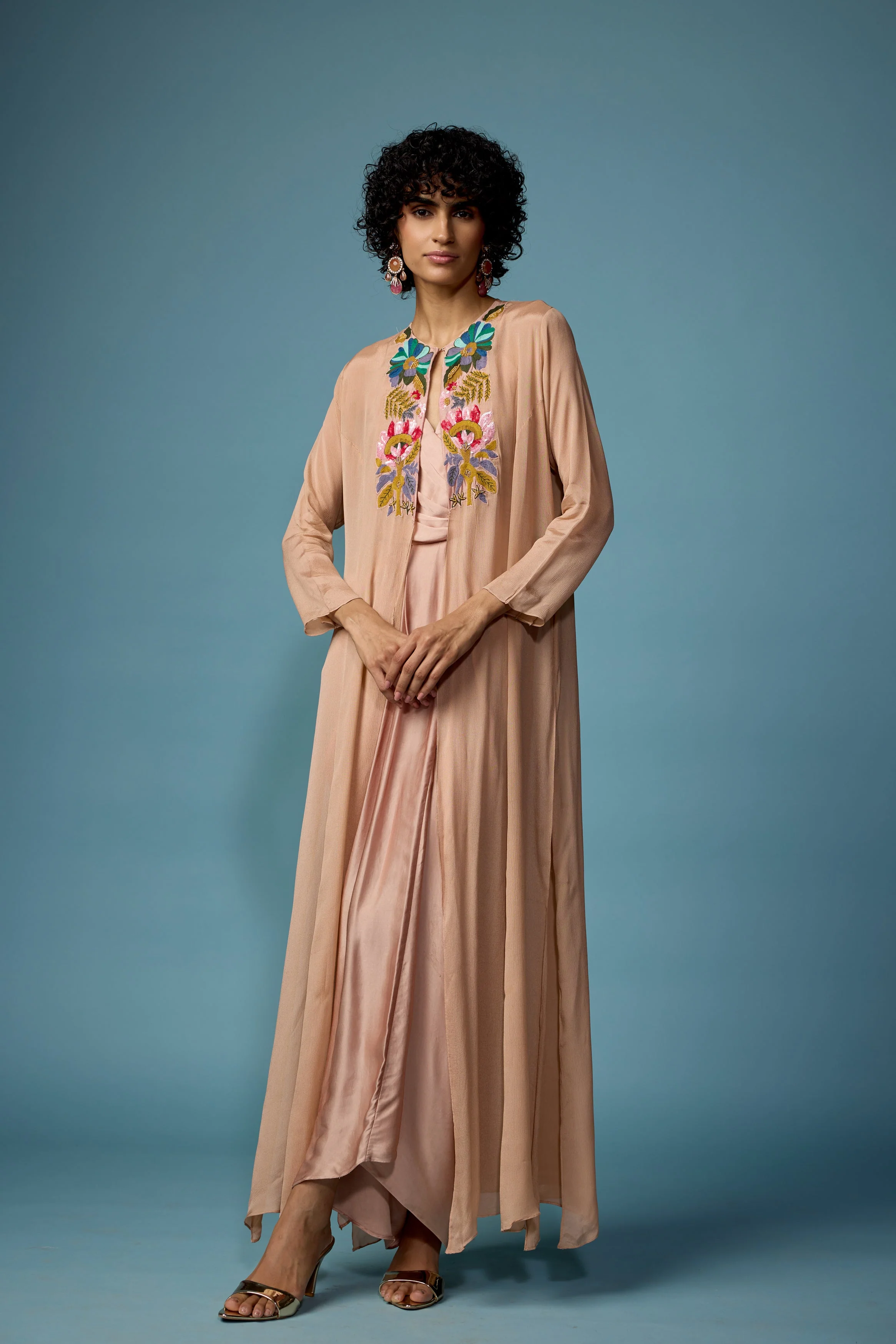 Blush Pink Embroidered Satin Silk Dress - Image 7
