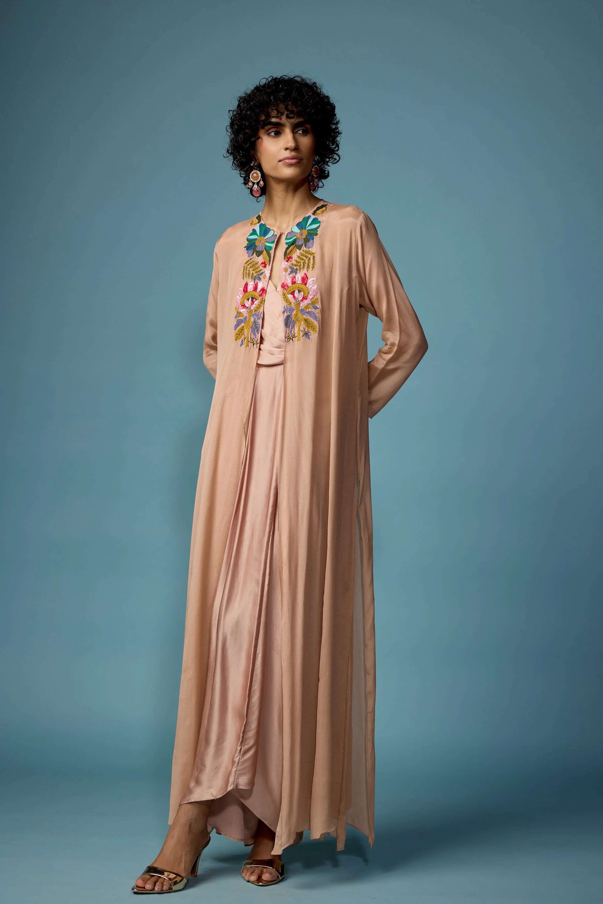 Blush Pink Embroidered Satin Silk Dress - Image 8