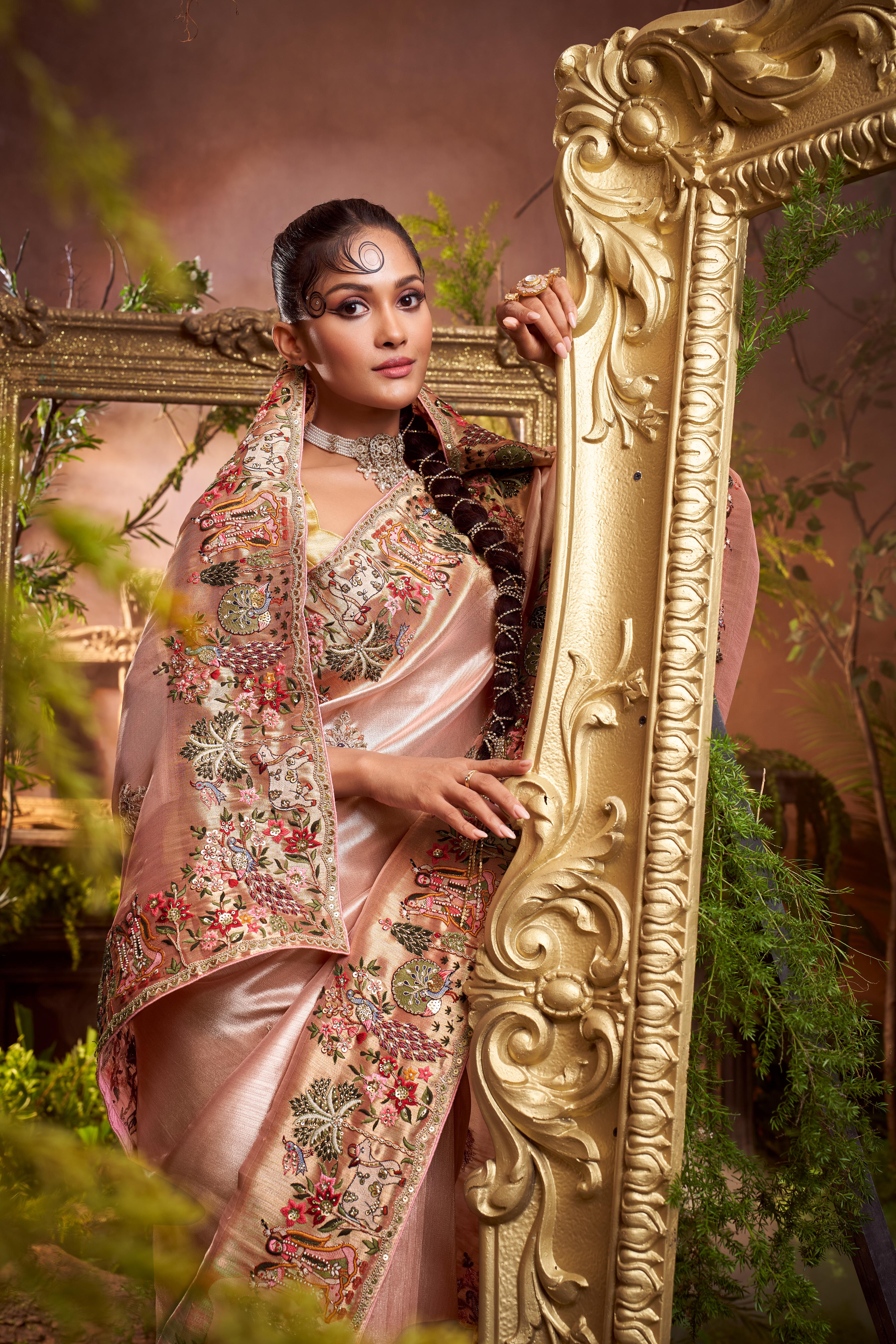 Rose Pink Embellished Shimmer Tissue Silk Saree - Image 2